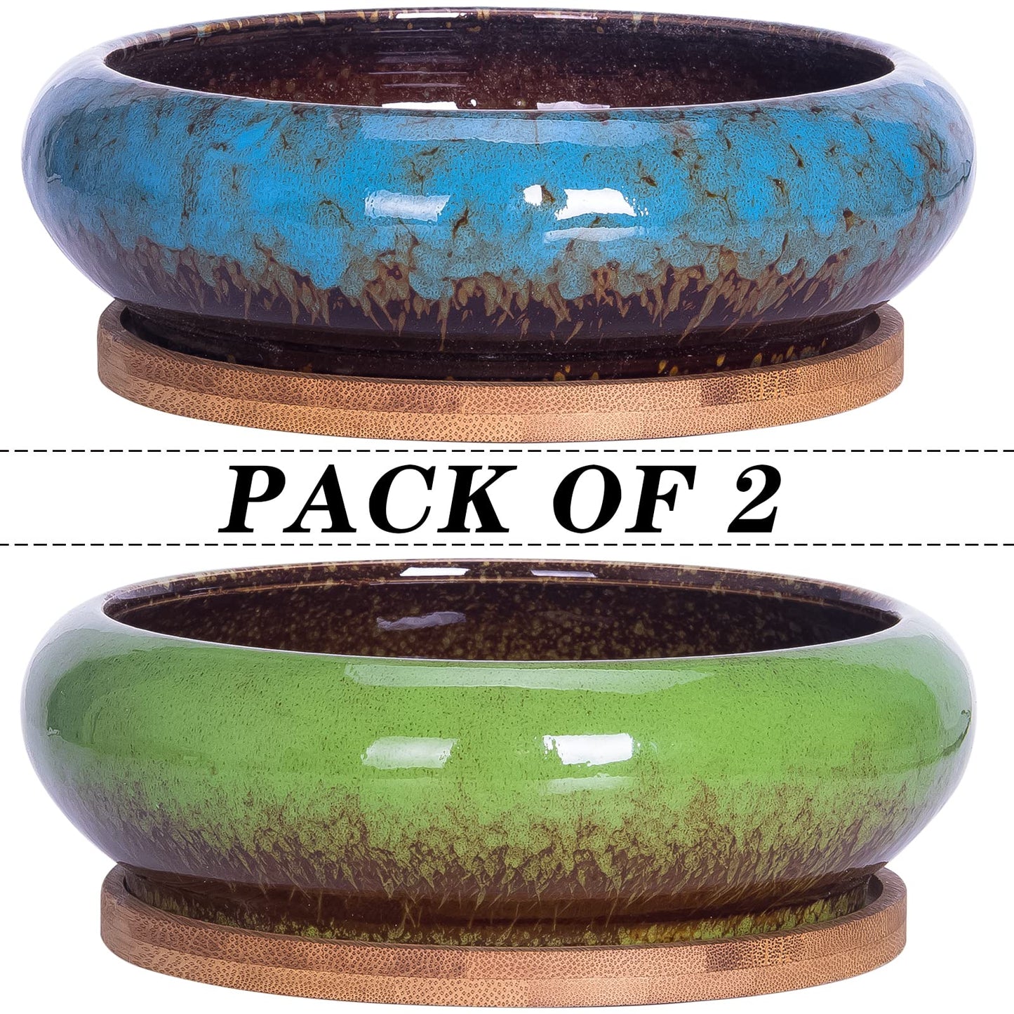 ARTKETTY Succulent Pots - 7.3 Inch Pack of 4, Shallow Bonsai Pots with Drainage, Tray & Bamboo Saucers, Ceramic Indoor Plant Pots for Succulent, Cactus, Flower, Herb