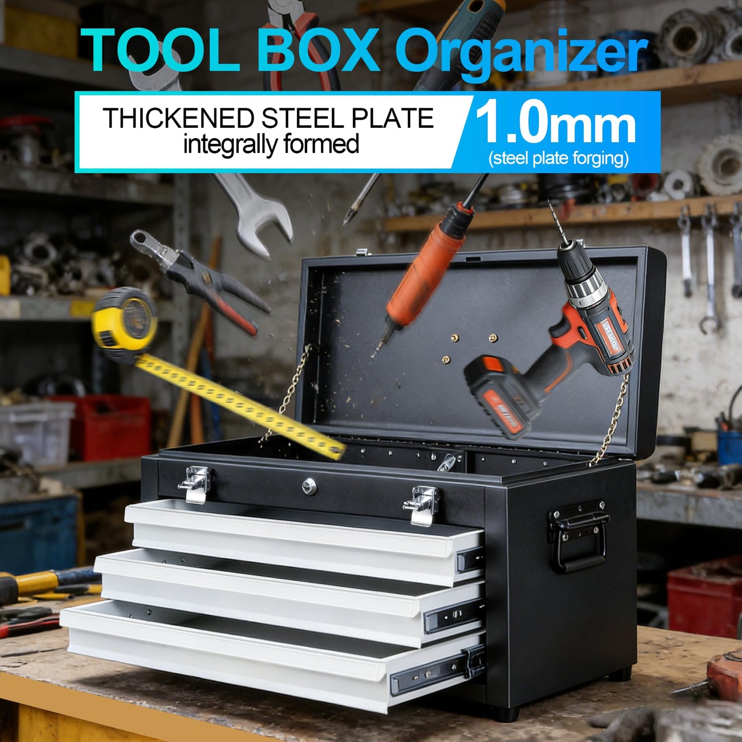 Cityeagle 3 Drawers 22" Portable Metal Tool Box, Heavy Duty Toolbox with Double Locking System & Unique Built-in Drawer Lock, Tool Chest Organizer for Workshop, Garage, DIY Office Storage