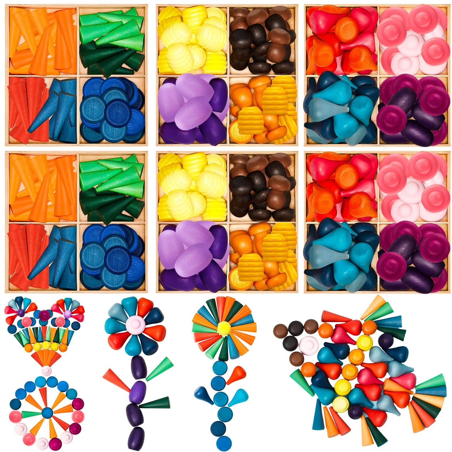 Chivao Loose Parts Play Materials Set Wooden Mandala Toys Kit Wood Sensory Play Toys 27 Rainbow Color 7 Shapes Loose Parts for Teens Students Early Learning Materials (81)