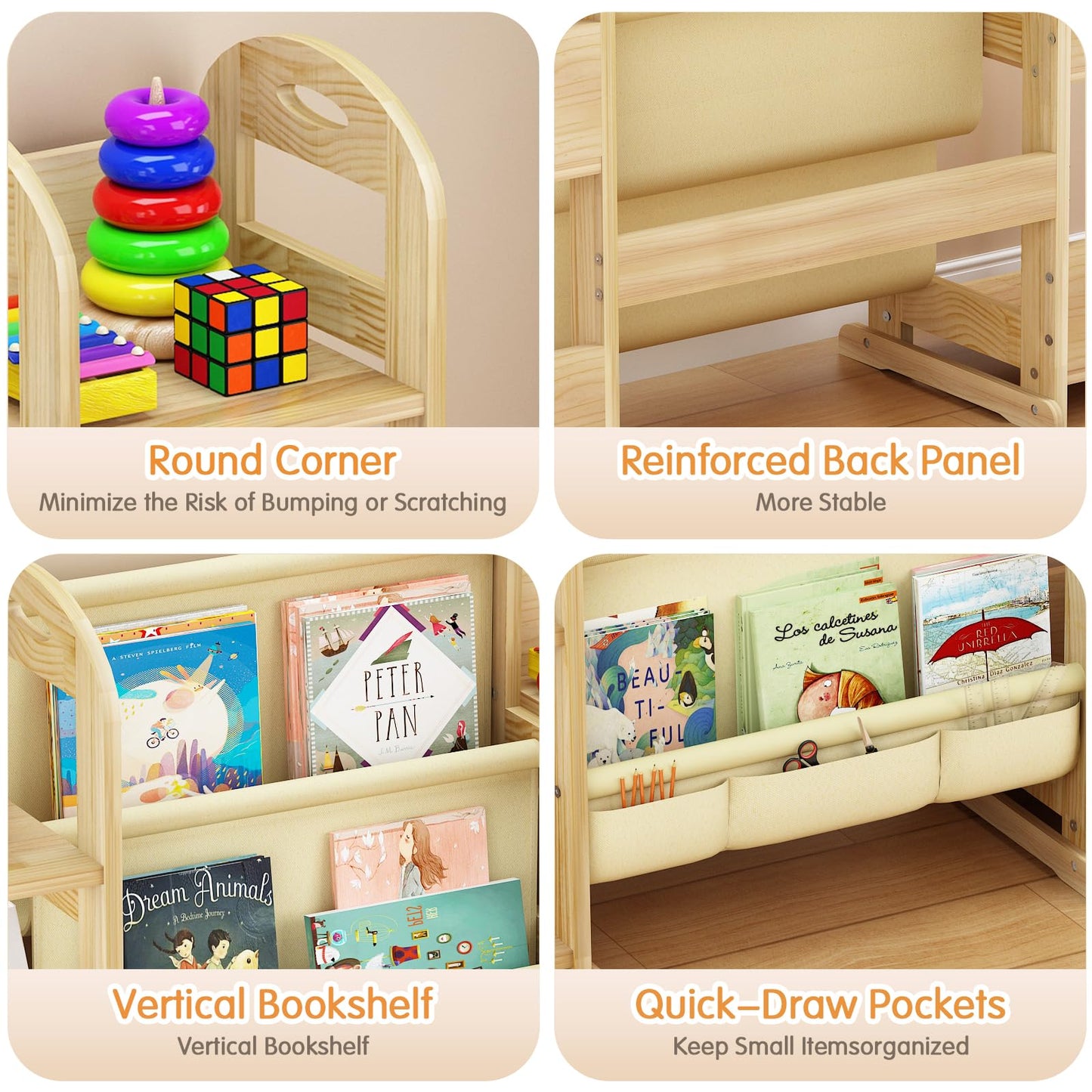 TWINDLE Kids Bookshelf and Toy Storage Organizer, Large 3 Tier Wooden Kids Book Shelf with Sling Book Rack for Kids Room, Nursery, Playroom