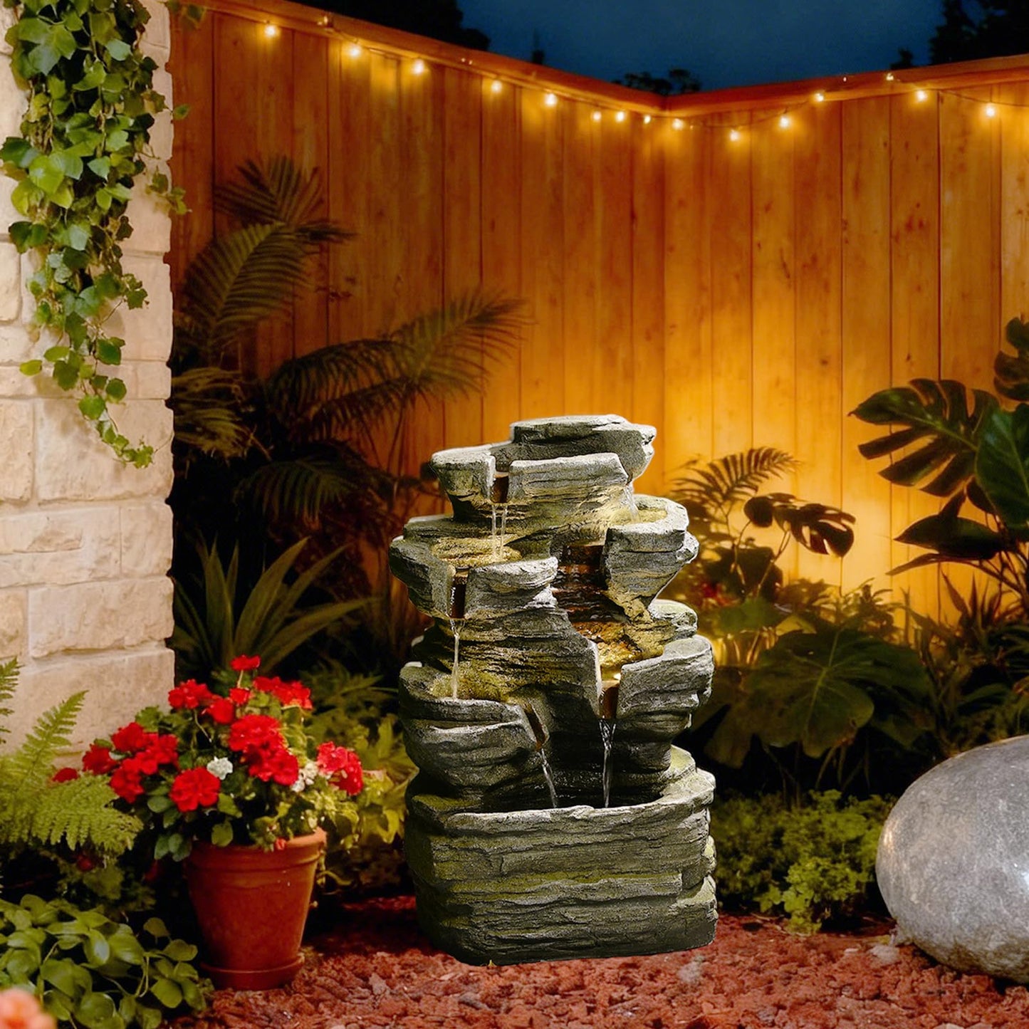Bumilgar 6-Tier Cascading Rock Water Fountain Outdoor Garden Waterfall Decor for Garden, Patio, Backyard, Deck, Porch and Home Art Decor,24.4" H Outdoor Fountain with Lights