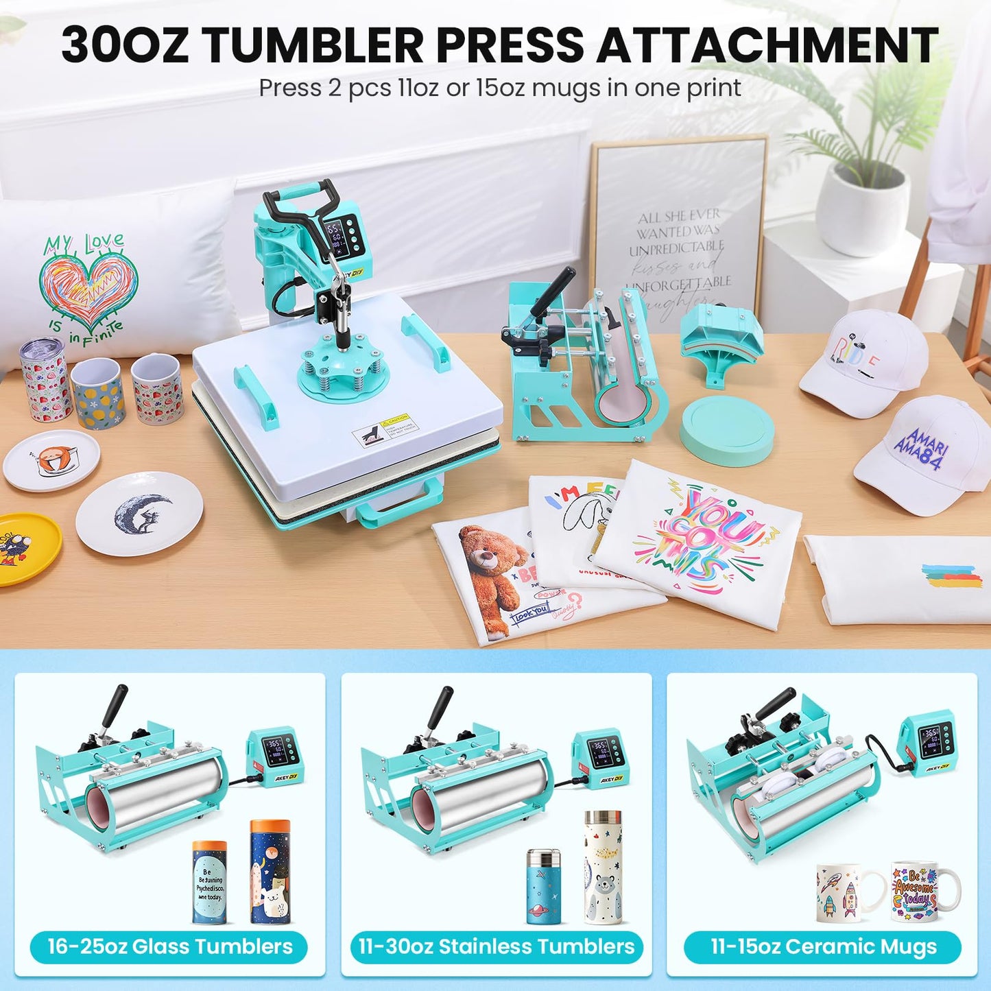 AKEYDIY Upgraded Heat Press Machine 8 in 1 Combo 15 X15 Digital Multifunction Shirt Press Machine for T Shirts Sublimation Machine 360-Degree Swing Away Dual-Tube Heating for DIY T-Shirts Caps&Mugs