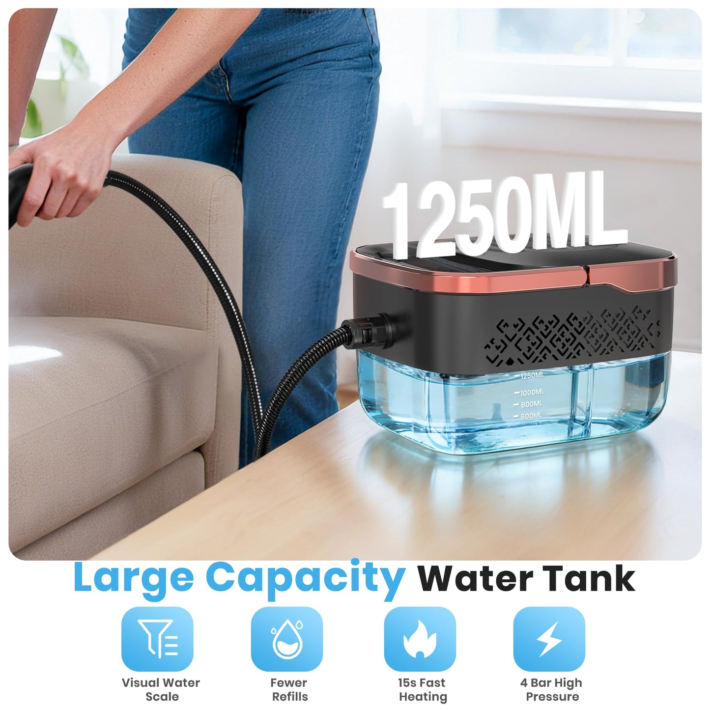Steam Cleaner, 6-Level Adjustable Steam, 15s Heat-Up, 1250ML Tank, 7ft Extended Hose, Portable Steamer for Cleaning with 18 pcs Accessories for Home for Dirt, Grease, Grout, Tile, Floor, Car
