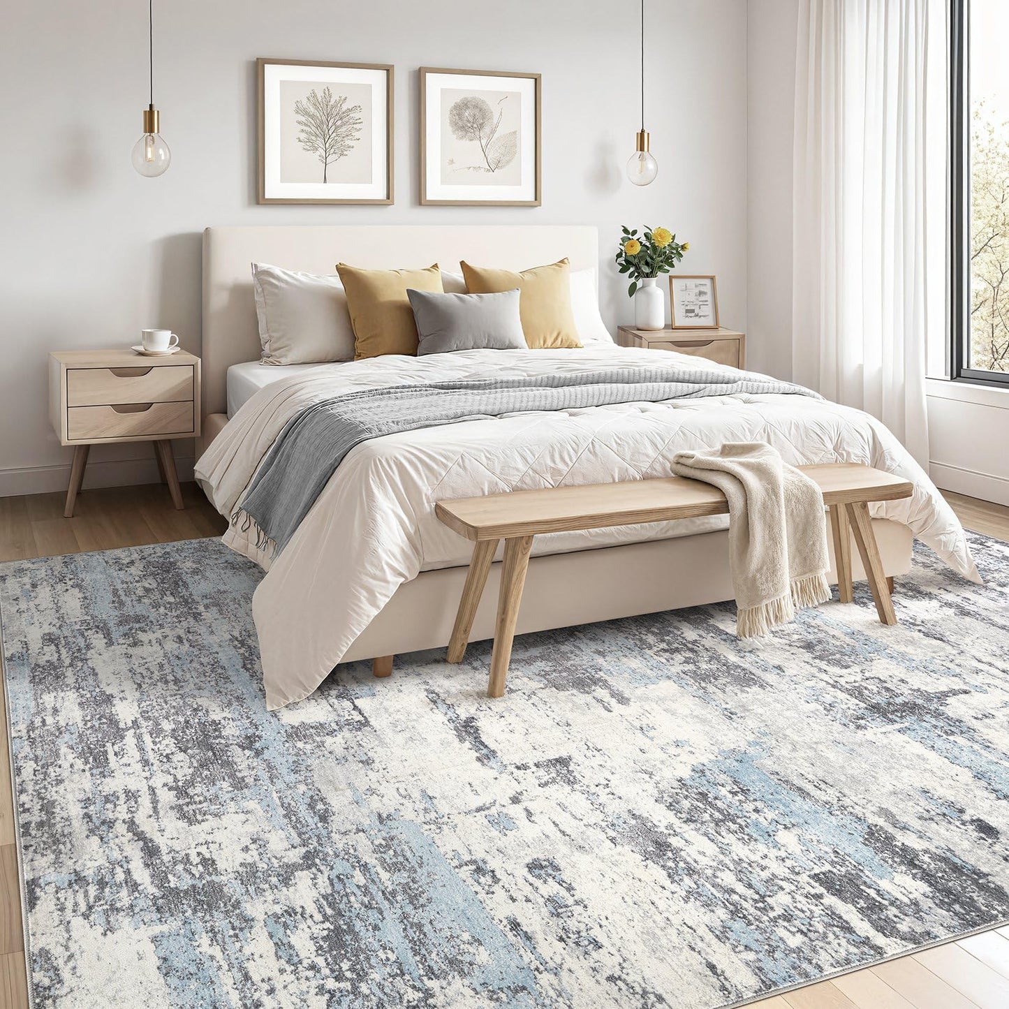 Area Rugs for Living Room: 8x10 Abstract Washable Rug Modern Neutral Large Soft Stain Resistant Non-Slip Backing Machine Table for Bedroom Dining Room Indoor Home Office Carpet - Blue Grey