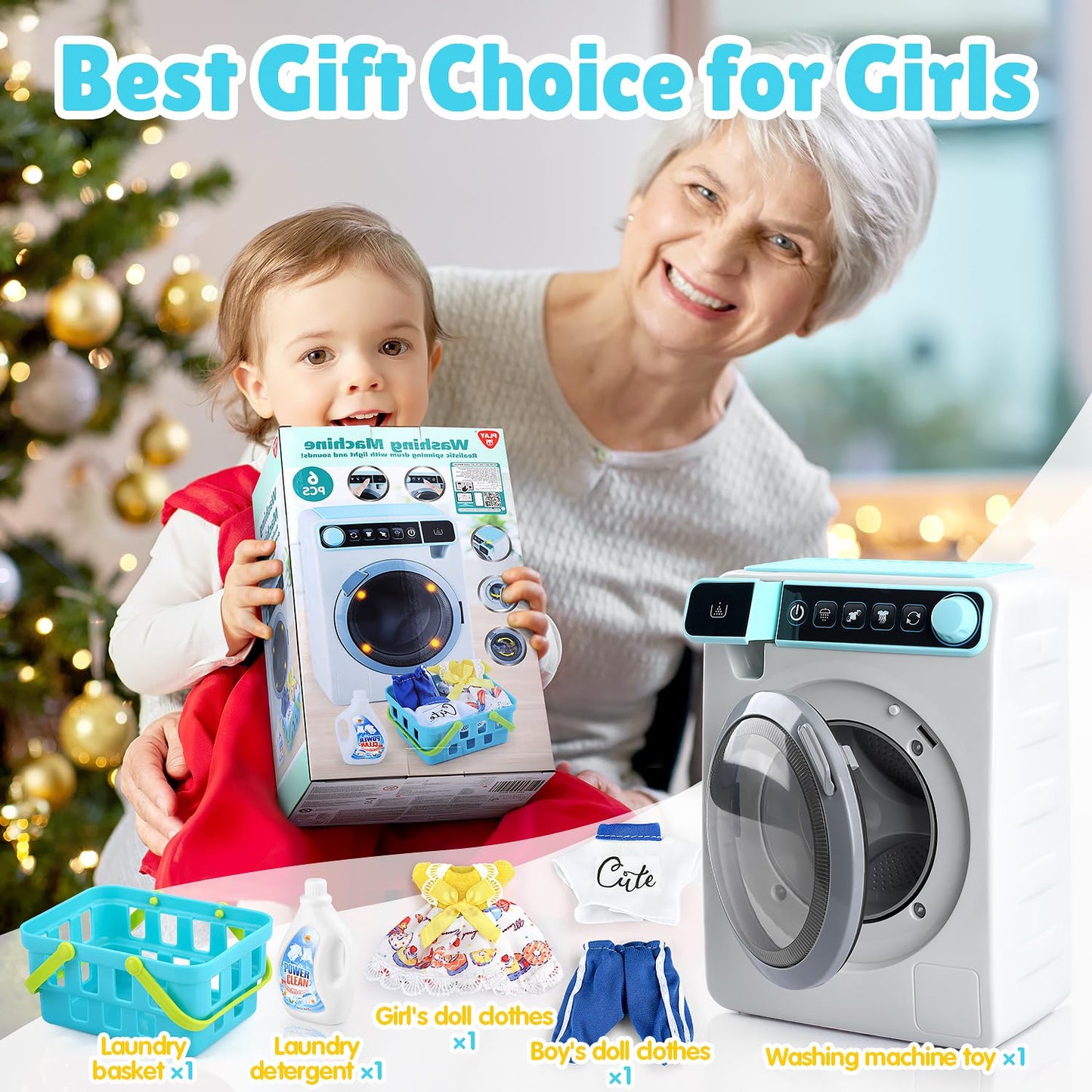 Kids Toy Washing Machine, Realistic Pretend Play Appliance for Girls, Interactive Toy Dollhouse Furniture, Play Washer and Dryer Playset with Spinning Drum, Light & Sound Effects, Laundry Basket Set