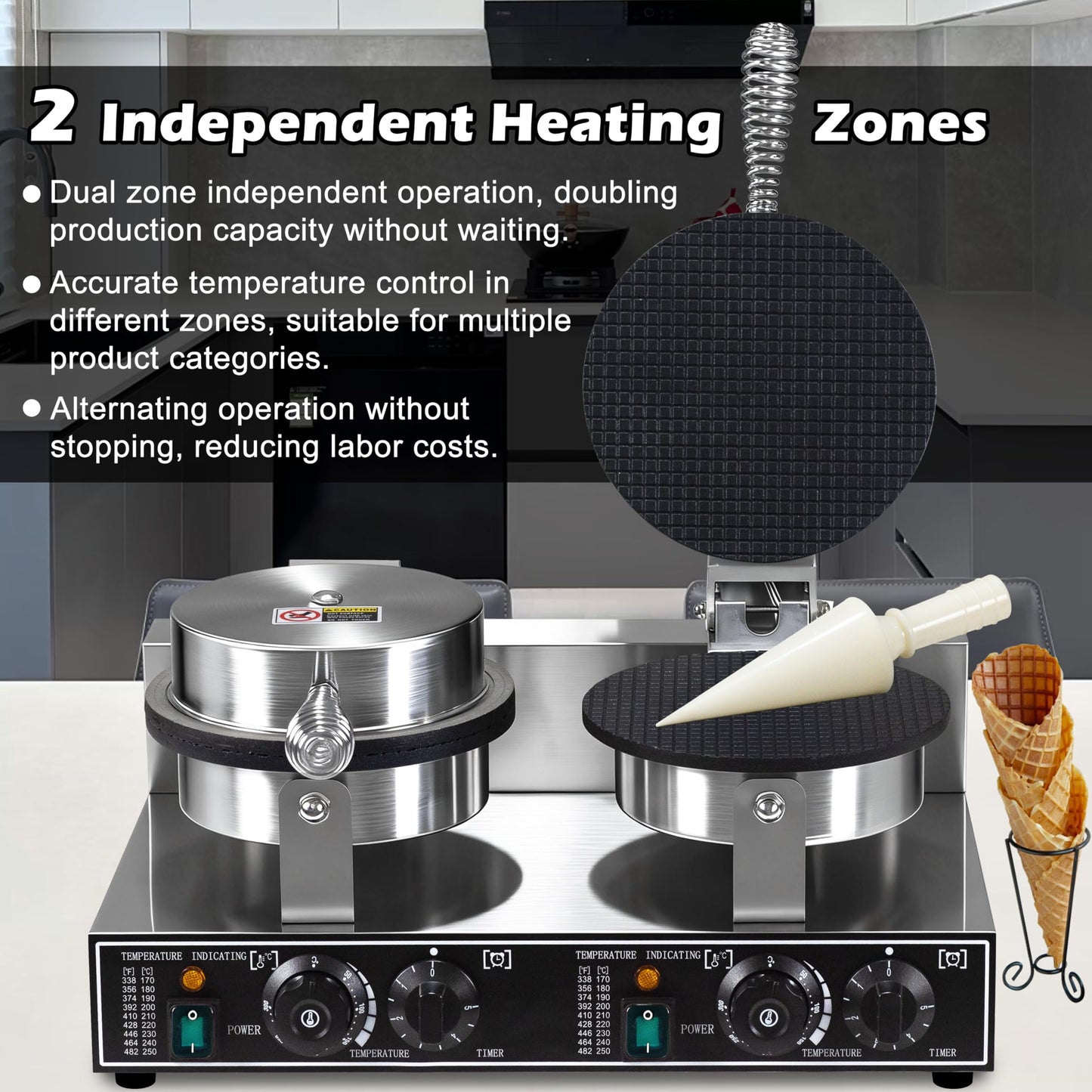 Waffle Cone Maker Commercial 2600W Professional Ice Cream Cone Waffle Maker Machine, Electric Commercial Waffle Cone Maker Machine With Temp & Time Control for for Restaurant Bakery Snack Bar Family
