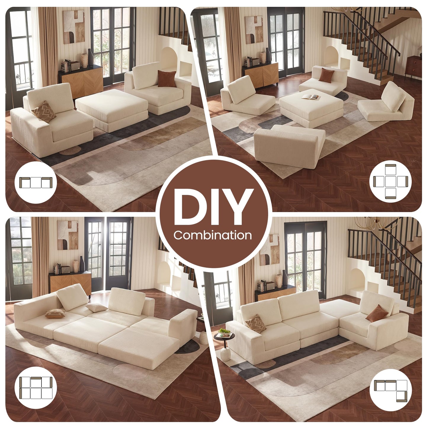 Modular Sectional Sofa, 120.47" Modern Cloud Couch Sectional Sofa with L-Shaped Chaise Comfy Corduroy Fluffy Couch with Deep Seat Boneless Couches for Living Room Bedroom, Beige