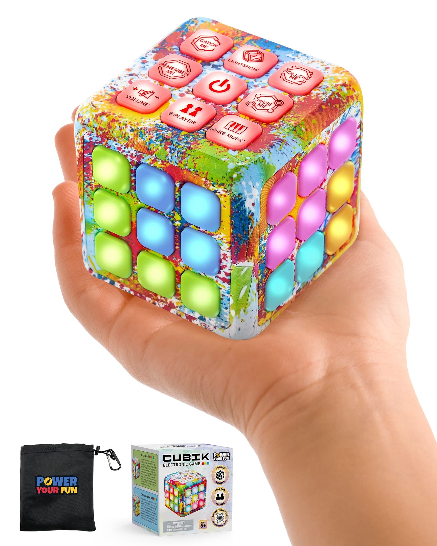 Power Your Fun Cubik LED Flashing Cube Memory Game - Electronic Handheld Game, 5 Brain Memory Games for Kids STEM Sensory Toys Brain Play Puzzle Fidget Light Up Cube Stress Relief Fidget Toy (Tie Dye)
