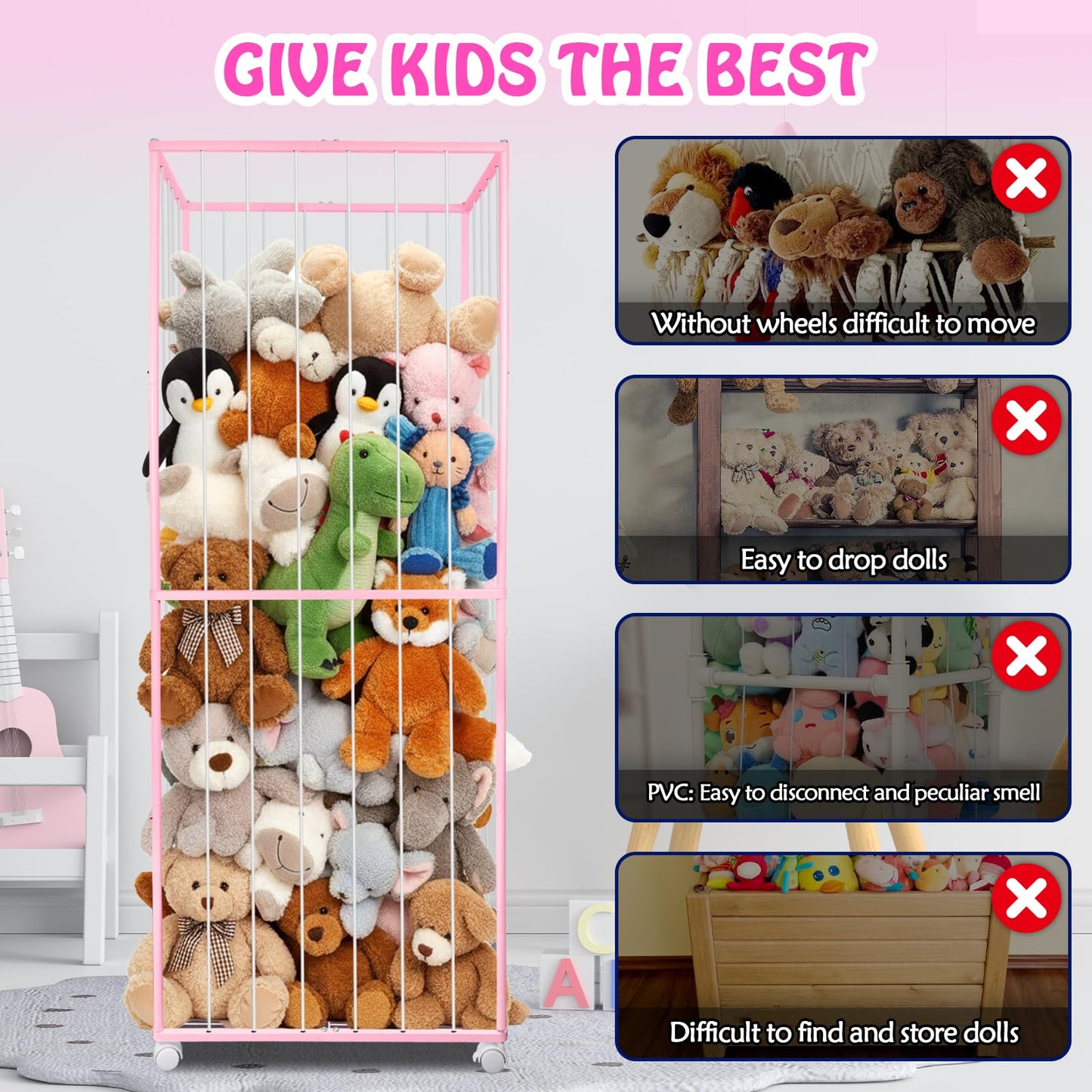 BETBEM Stuffed Animal Storage, Metal Tube Extra Large Toy Storage Organizer with Brake Wheels, Stuffed Animal Holder Zoo Organizer for Nursery Playroom Kids Room Pink(61” x 23.6”x 16.5”)