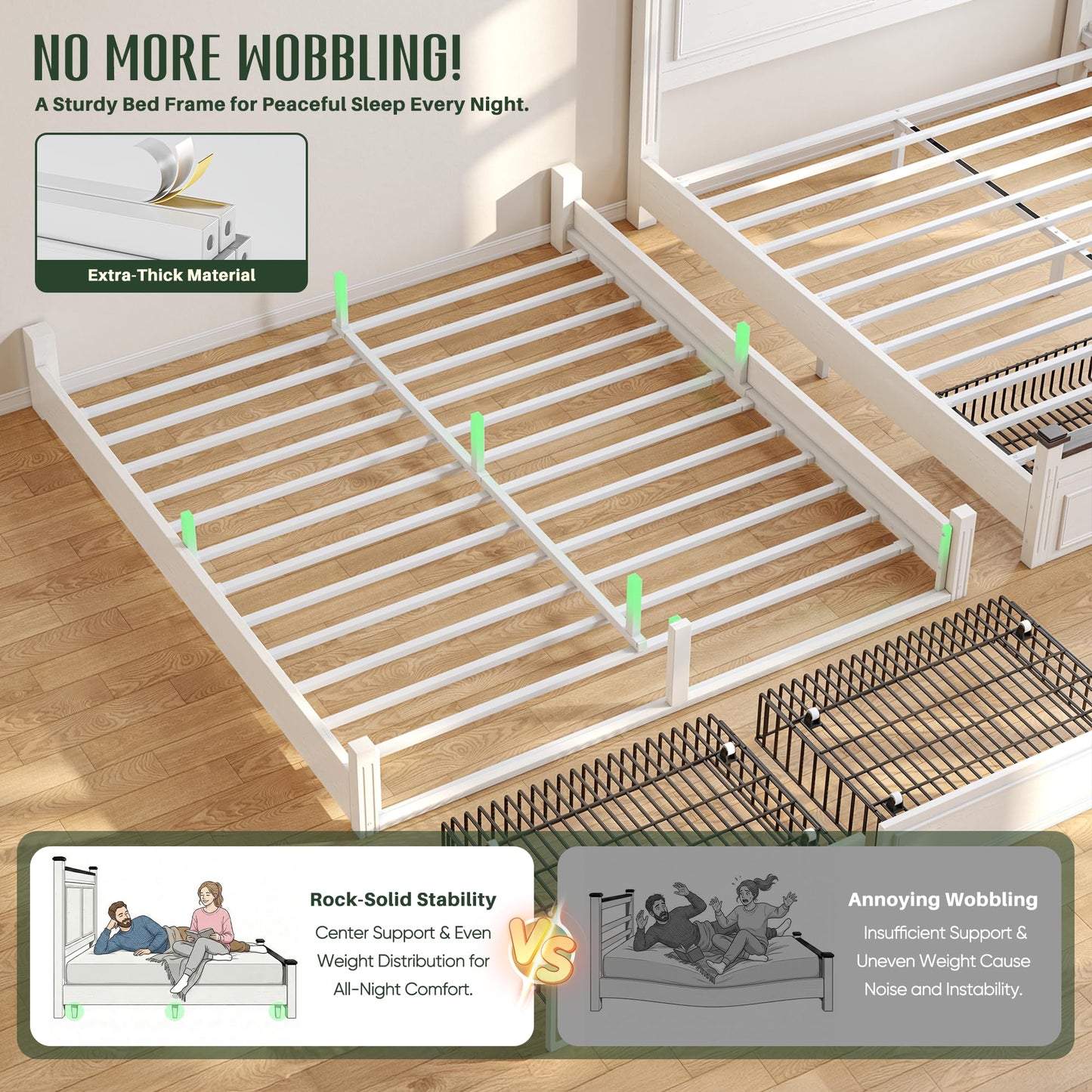 Homkdom Farmhouse Queen Size Bed Frame, 51” Tall Queen Bed Frame with Headboard, Bed Frame with 2 Storage Drawers, No Box Spring Needed, White