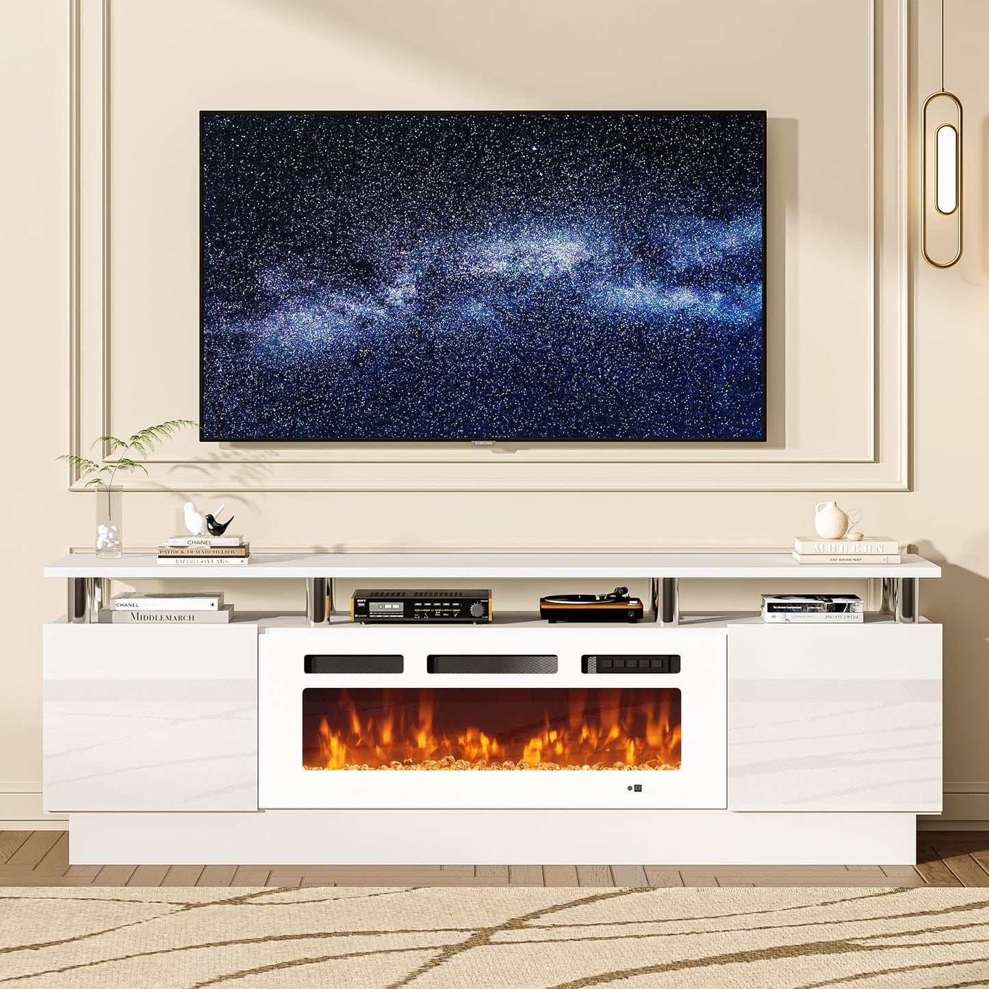 MXV 70" Fireplace TV Stand, Modern Entertainment Center & 36 Inch Electric Fireplace with Remote Control, LED Light, Fire Place Tv Stand for Living Room for TVs up to 80", White + White