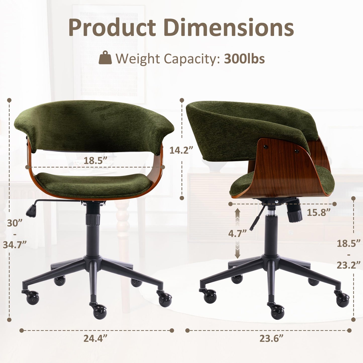 ROHASID Modern Home Office Chair, Comfy Computer Desk Chair with Wheels, Height Adjustable, Rolling, Swivel Fabric Task Chair with Ergonomic Curved Back for Bedroom, Office, Vanity, Green