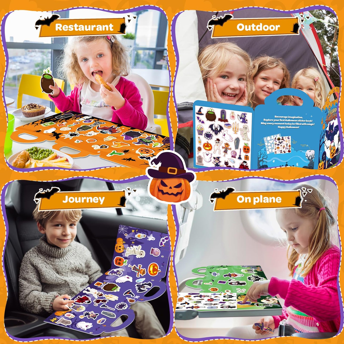 4 Sets Halloween Reusable Sticker Books for Toddlers 1-3, Arts Crafts for Toddler 3-5, Activity Books for Kids 2-4, Toddler Toys Holiday Gifts Travel Toys Boo Basket Stuffers for Girls Boys
