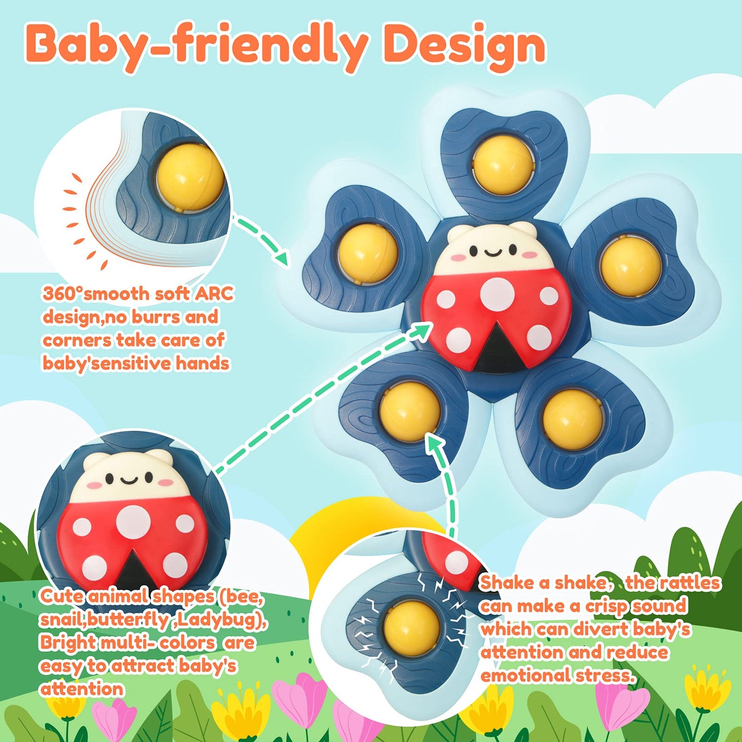 Vanmor Baby Suction Cup Spinning Top Toys, Suction Spinner Toys for Babies, Window Suction Toys for Baby High Chair Tray Bath Table Airplane Travel, Sensory Toys & Best Gift for Toddlers 1-3 (4 Pcs)