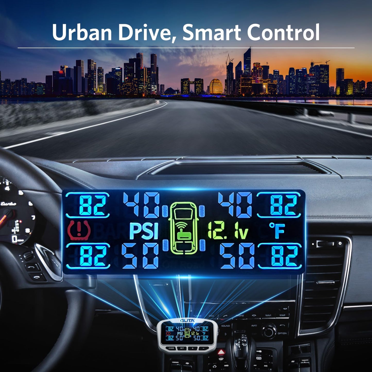 GUTA RV Tire Pressure Monitoring System, Trailer TPMS, 4 Sensors, 6 Alert Modes, Long Range Signal, CLA Charging & 2 USB-A Outputs, Adjustable LCD Display, Ideal for RV Truck Trailer Camper (0-188psi)