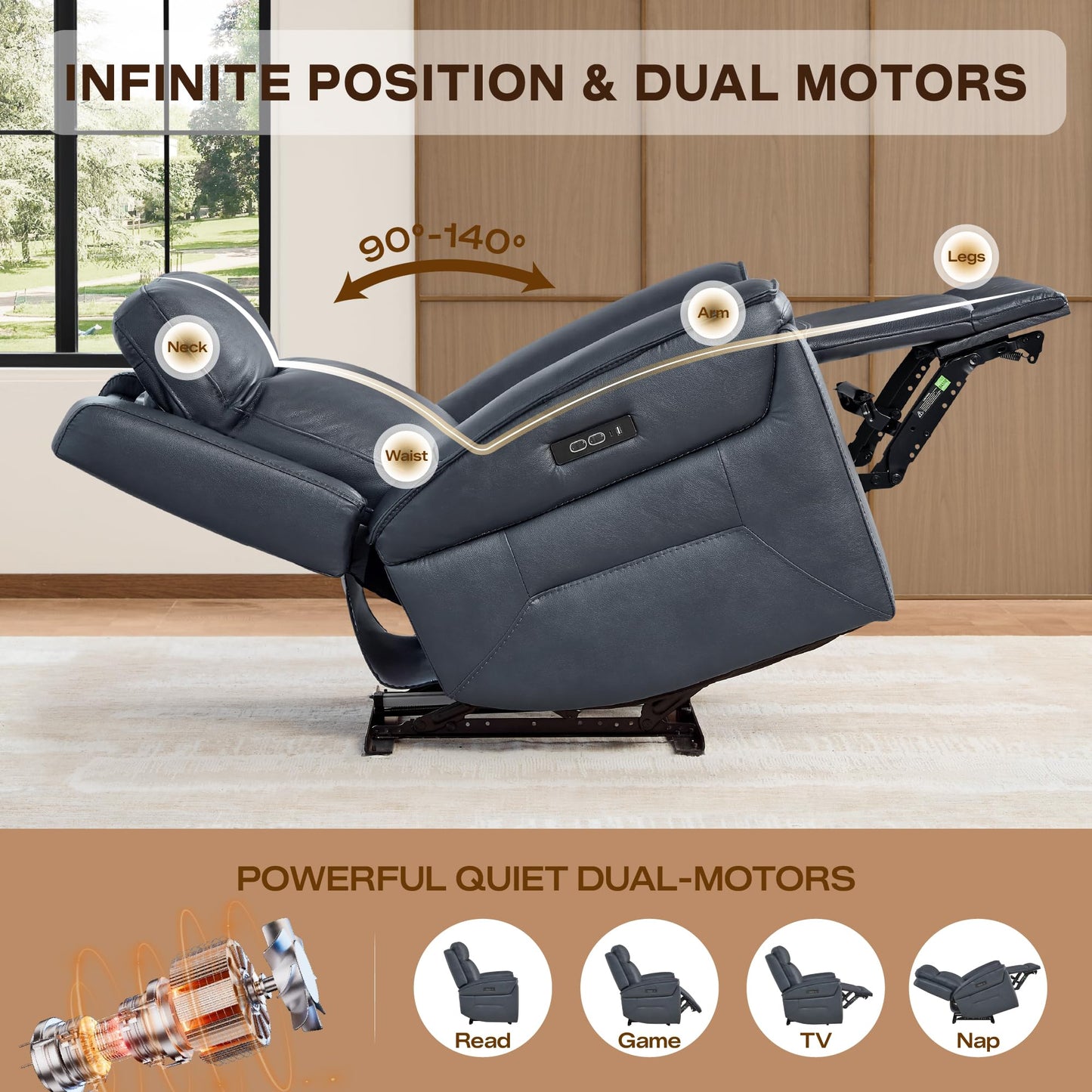 Watson & Whitely Super Zero Gravity Power Recliner Chair with Power Headrest, Genuine Leather Recliner with USB & Type-C Ports, Electric Reclining Sofa Chair for Living Room, Bedroom, Navy Blue