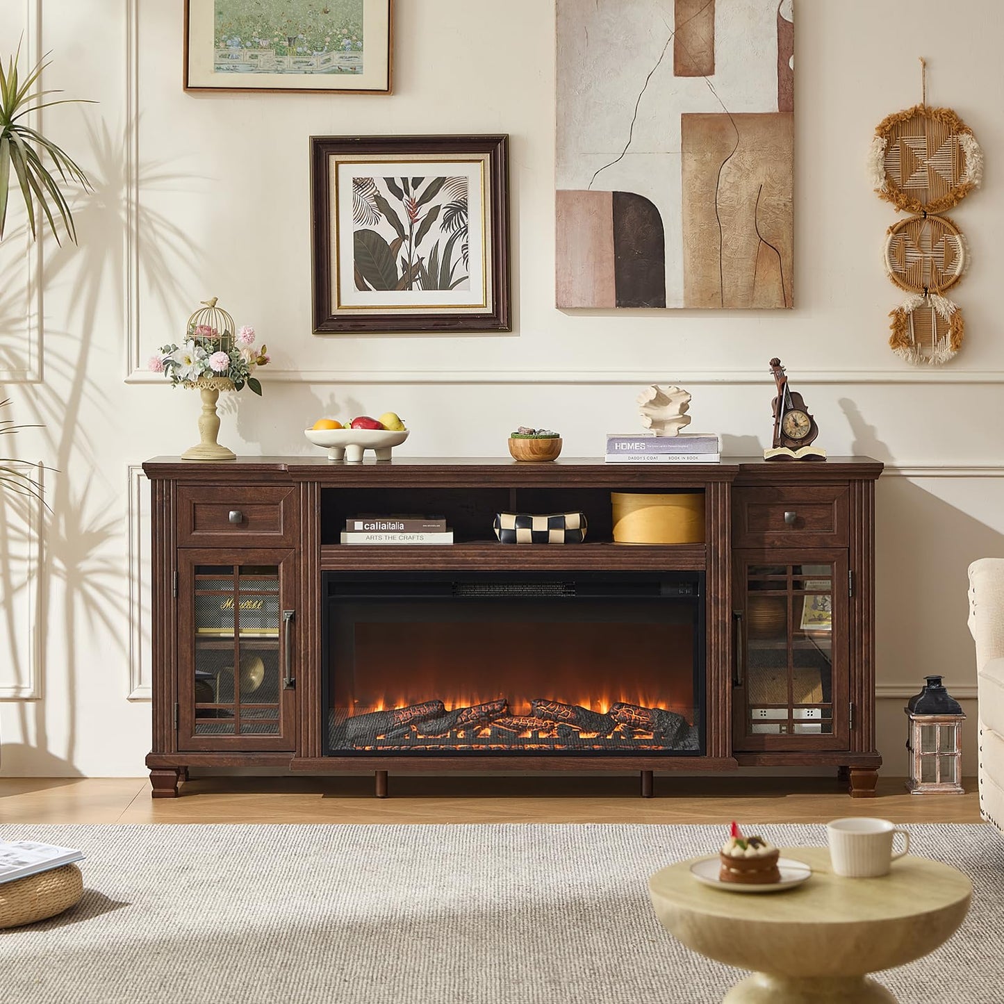 SAVOR LIFE 70" Fireplace TV Stand with 36”Silent Electric Fireplace, Farmhouse Entertainment Center for TVs up to 80", 2 Drawers TV Console with Glass Door Cabinet, Walnut TVs Cabinet for Living Room