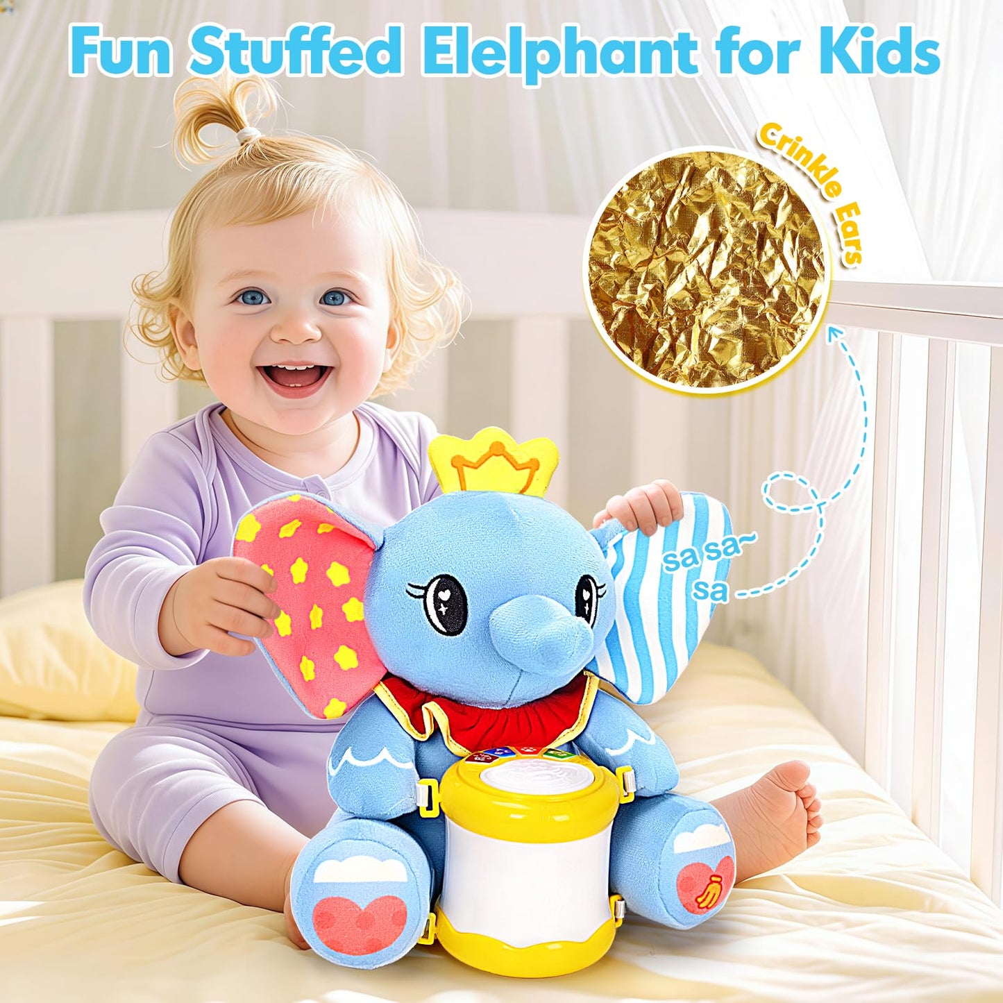 V-Opitos Stuffed Elephant Musical Toys for Baby 6-12 Months+, Early Learning Light up Music Drum, Perfect Christmas Birthday Gifts for Boy & Girl Age 1, 2 Years Old