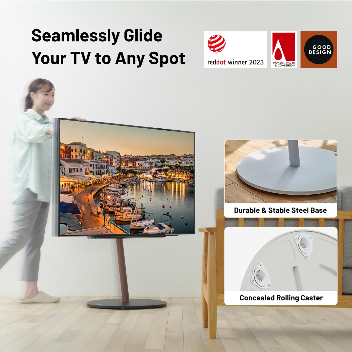 WALL Seven Stand A2 Large | Rolling TV Stand for 45–80" w/ 37.4" Soundbar Shelf | Satin White | Portable TV Stand with Shelf | Height Adjustable, Space Saving, for Living Room and Bedroom