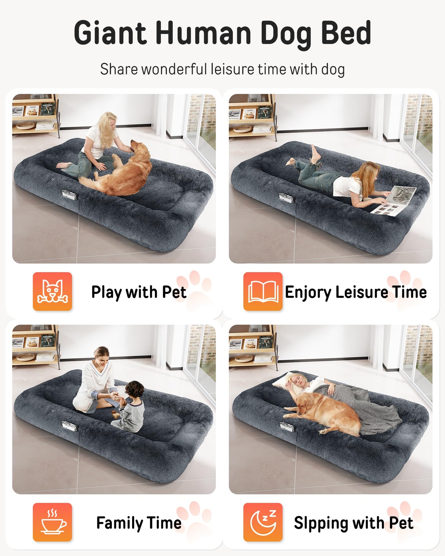 YEFU Human Dog Bed for Adult- Extra 79"x45"x12" Large Dog Beds - Human Size Dogs Bed Washable Faux Fur Cover - Orthopedic Foam Dogs Beds with for Sleep Nap in Bedroom Dark Grey