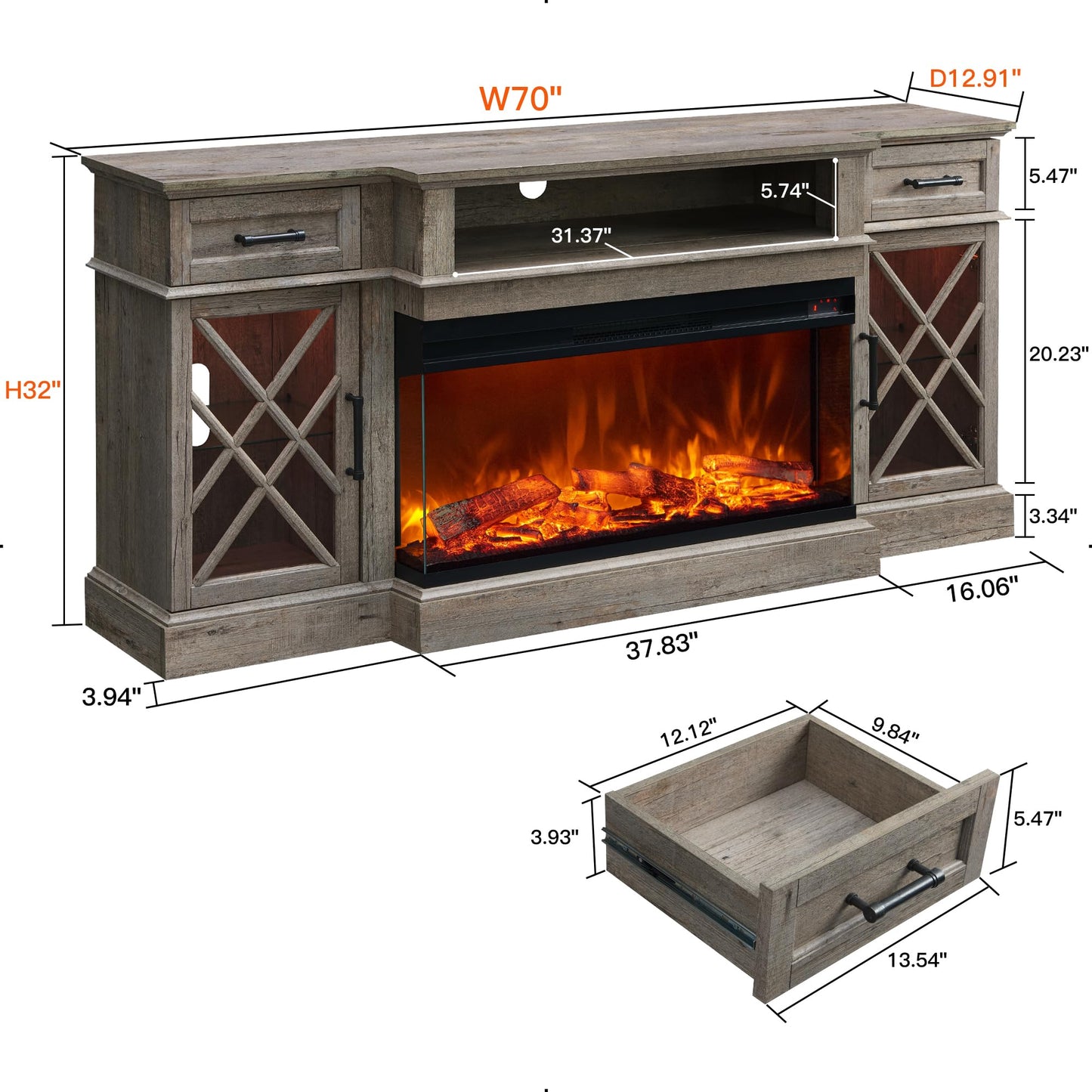 OKD Farmhouse TV Stand with Fireplace, 70'' Entertainment Center Stand with 36" 3-Sided Glass Electric Fireplace for TVs Up to 80 in, with 2 Drawers & 2 Storage Cabinet, Light Rustic Oak