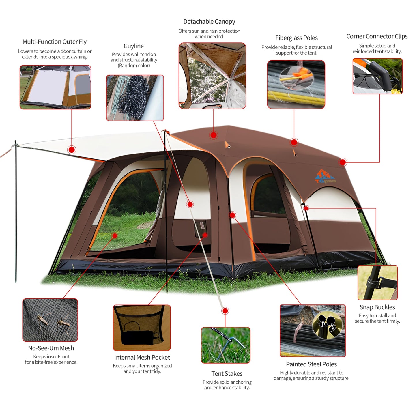 TGpao Large Family Camping Tent, 4-6 Person Multi-Room Waterproof Tent with Screened Porch,Glamping Tent for Camping with Lightning Protection (Coffee,4-6 People)