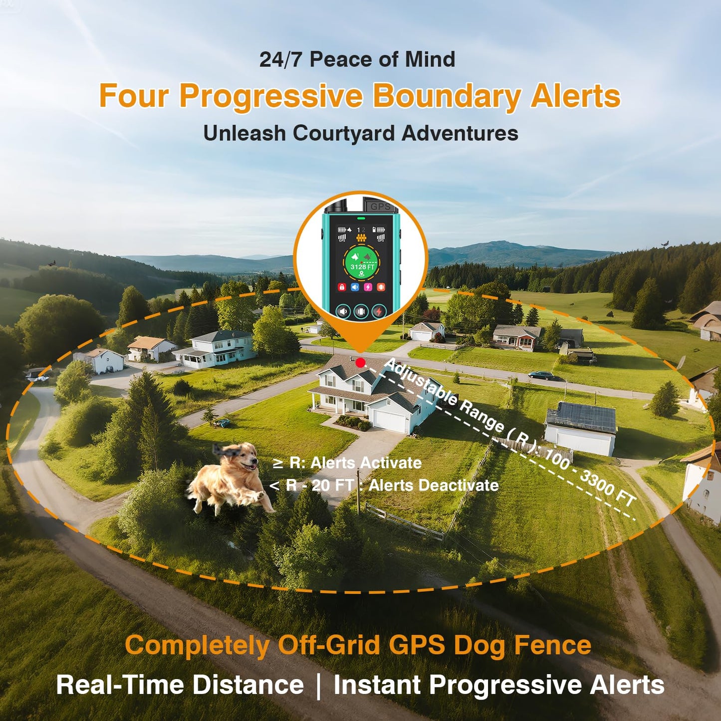Completely Off-Grid 3-in-1 GPS Dog Fence with Real-Time Tracking: No Subscription, App-Free, Self-contained, Dual-GPS, Training Collar, Customizable Boundary with Four Progressive Alerts, Blue