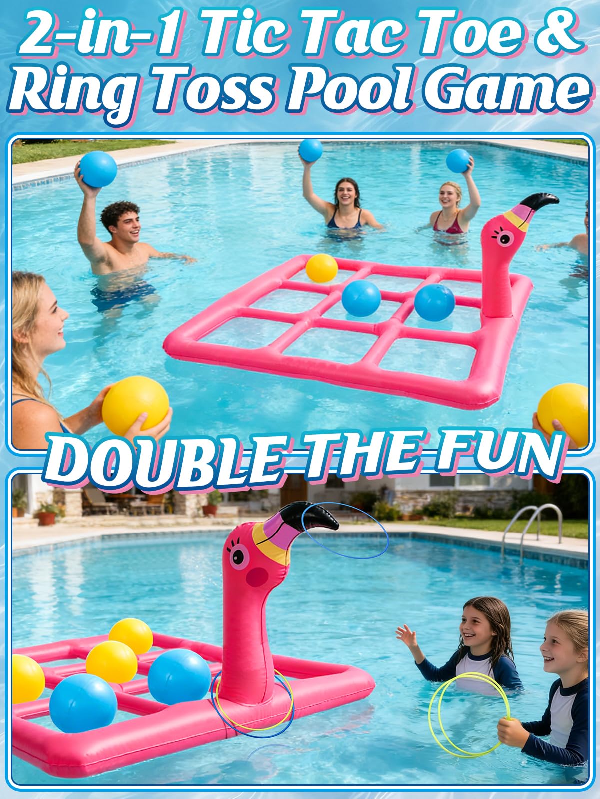 2 in 1 Flamingo Pool Games Toys Set - Inflatable Tic-Tac-Toe & Ring Toss for Family, Adults, Teens, Kids, Outdoor Summer Swimming Pools Party Water Game with 10 Balls & 6 Rings for 2-10 Players