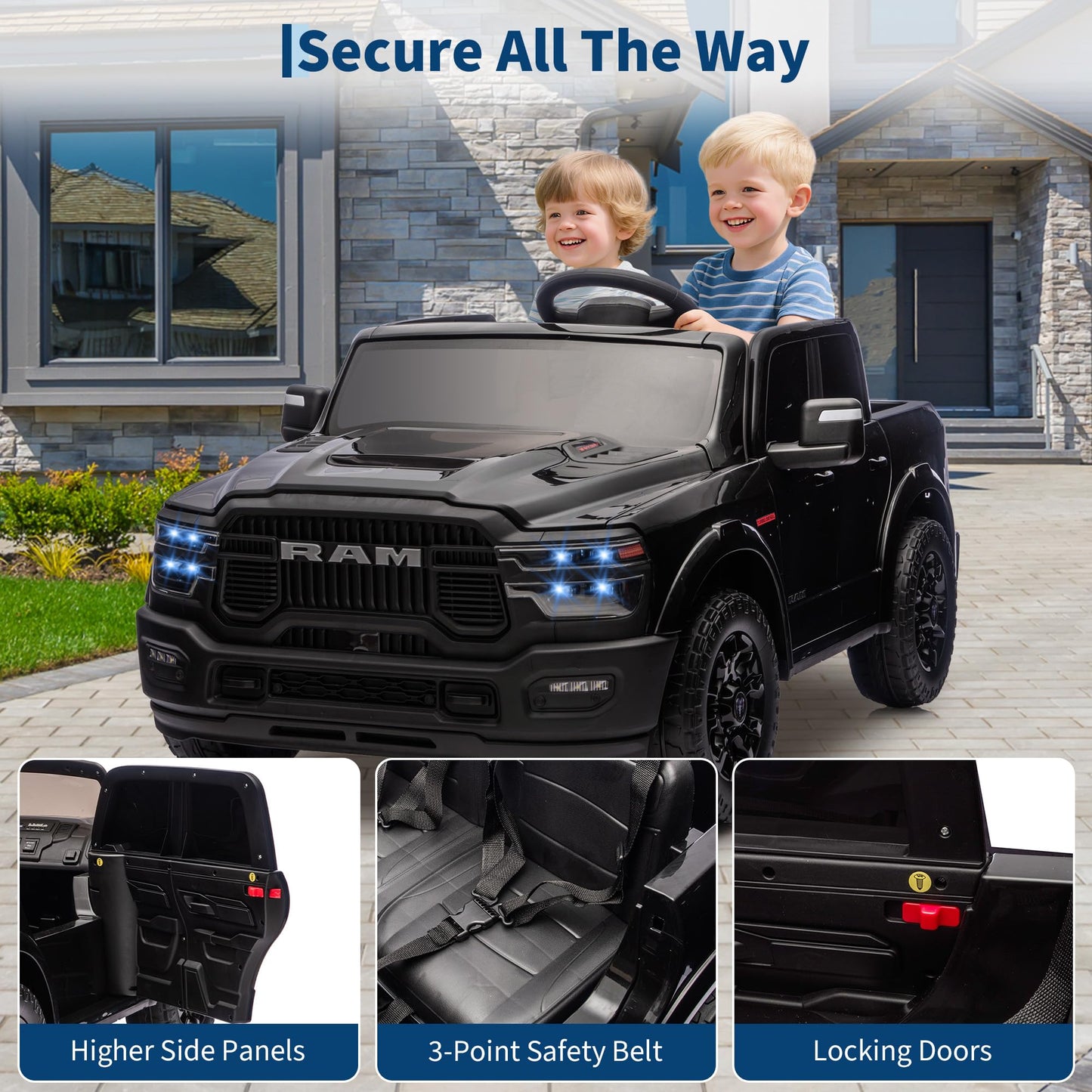 24V Ride on Car for Big Kids Licensed RAM 2500, 24v Ride on Truck w/Remote Control, Toddler Ride on Toys w/Bluetooth, Spacious Truck Bed, 3 Speed, LED Lights, Suspension, Gifts for Boys Girls, Black