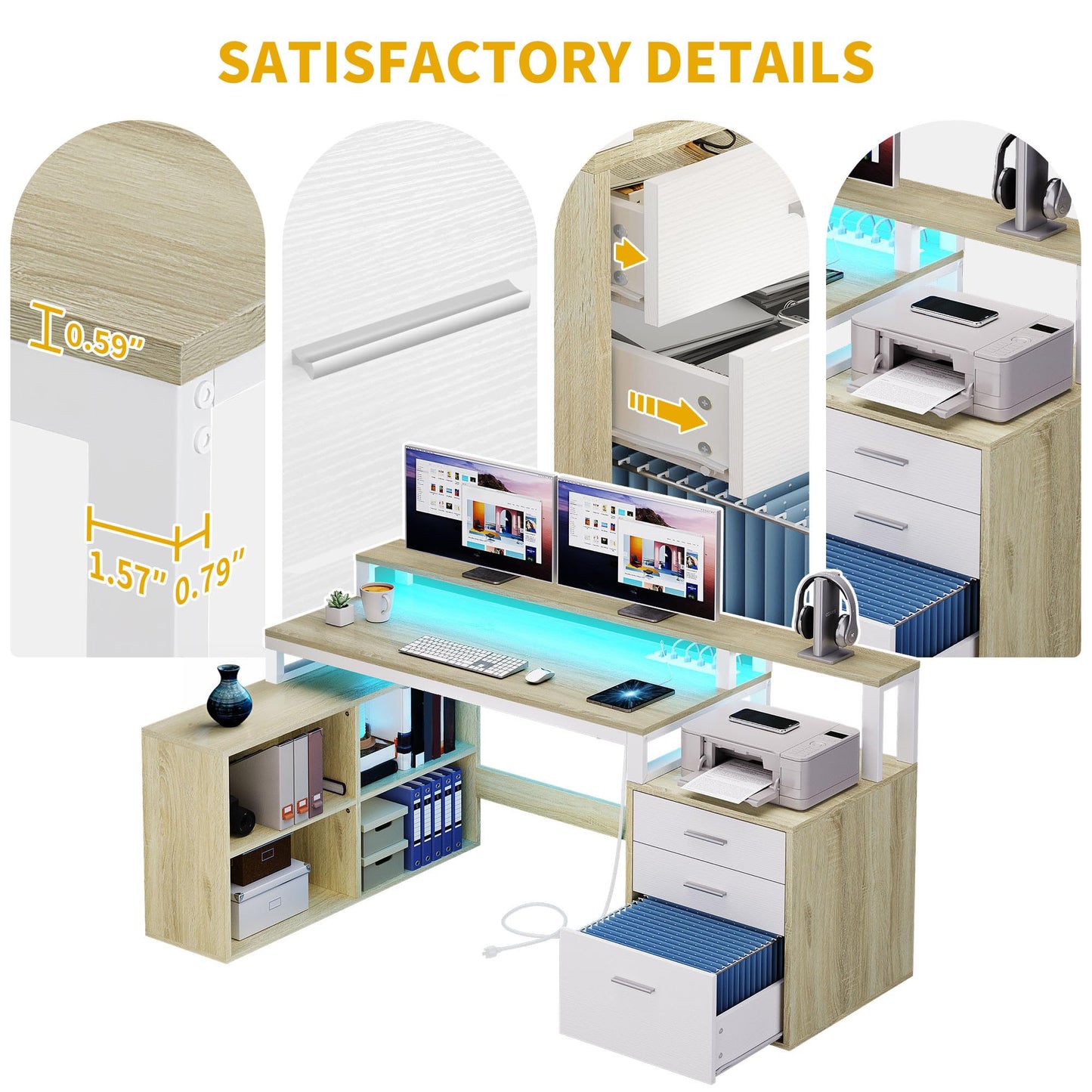 DWVO L Shaped Desk with Drawers, 65" Computer Desk with Power Outlets & LED Lights, Corner Home Office Desk with Storage Shelves & Printer Stand, White & Oak