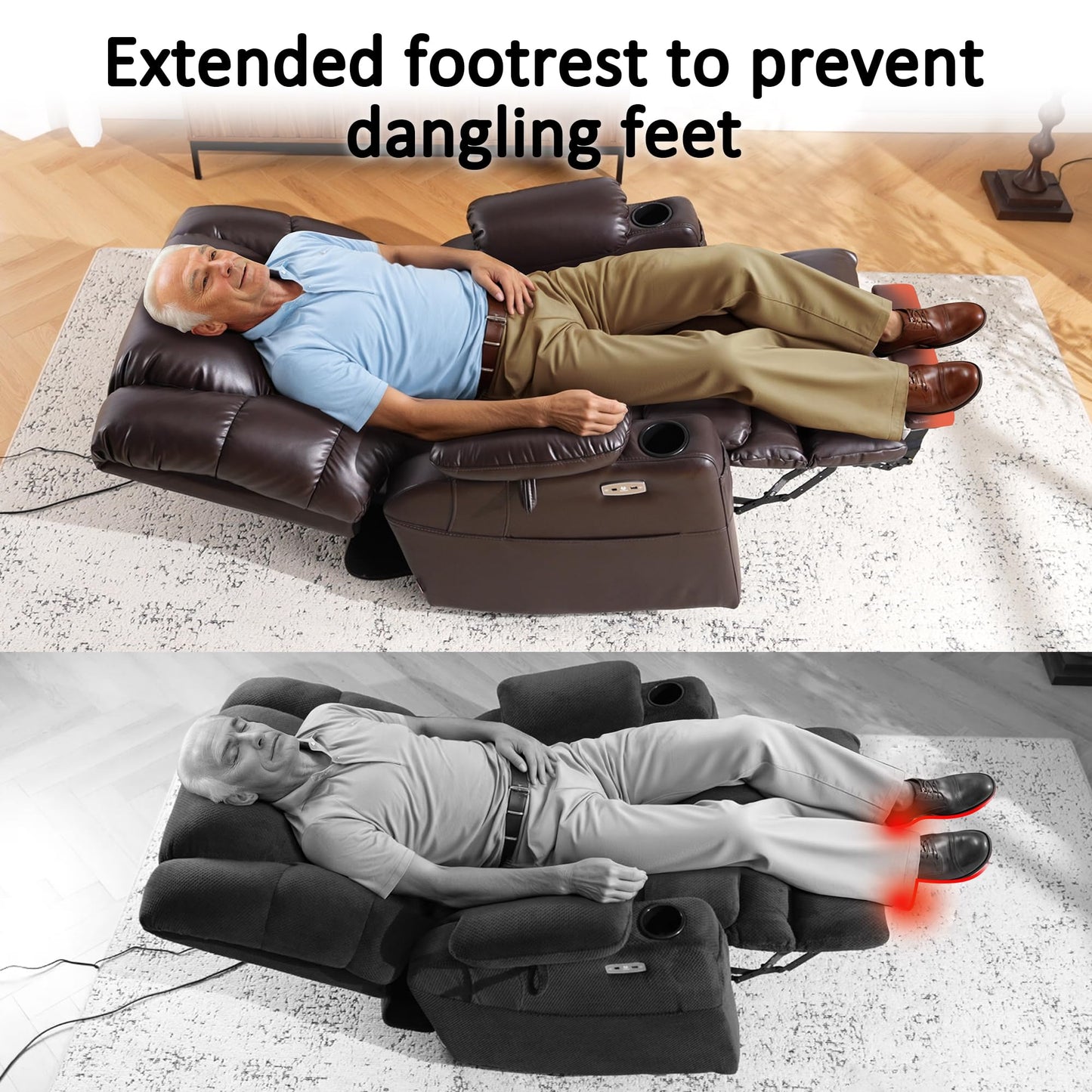 MCombo Large Triple Motor Power Lift Recliner Chair with Massage and Dual Heating, Adjustable Headrest for Tall Elderly People, Faux Leather 7634 (Dark Brown, Large)