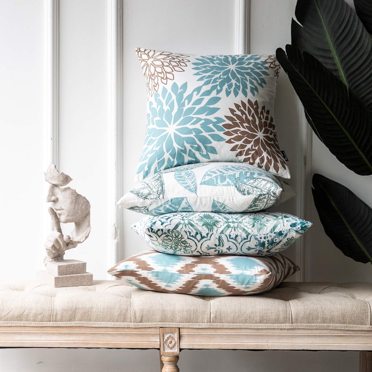 Phantoscope Set of 4 New Living Series Leaf Geometric Blue and Coffee Throw Decorative Pillow Cover Cushion Cover 18 x 18 inches 45 x 45 cm