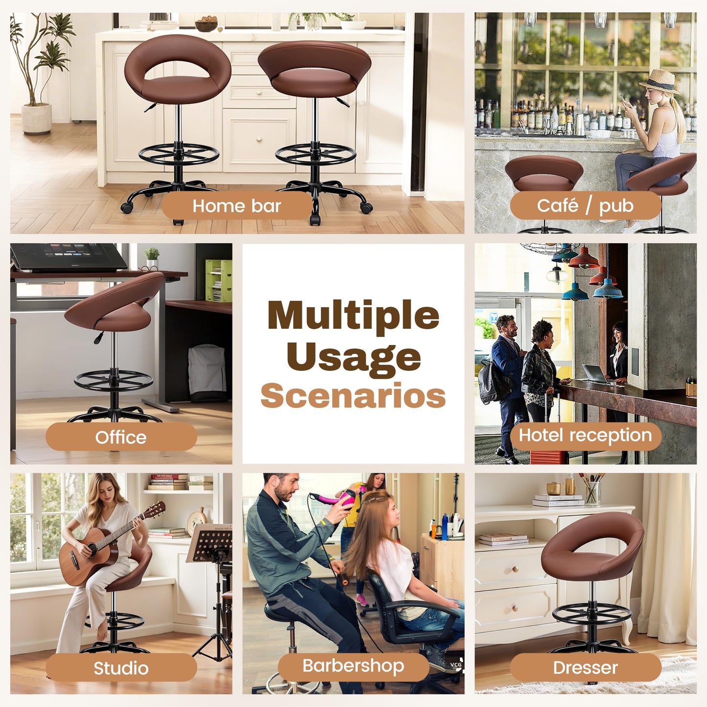 BESTFAIR Drafting Chair with Back, Height Adjustable Rolling Stool with Foot Rest, Tall 360° Swivel Stool PU Leather Chair with Wheels for Home Office, Standing Desk, Brown