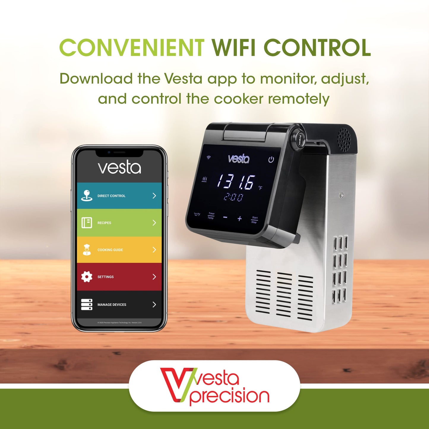 Vesta Precision Sous Vide Cooker, 30L Capacity, WiFi App Control and Large Display Screen,Foldable Design, IPX7 Waterproof, High Performance Immersion Circulator for Home & Professional Kitchen
