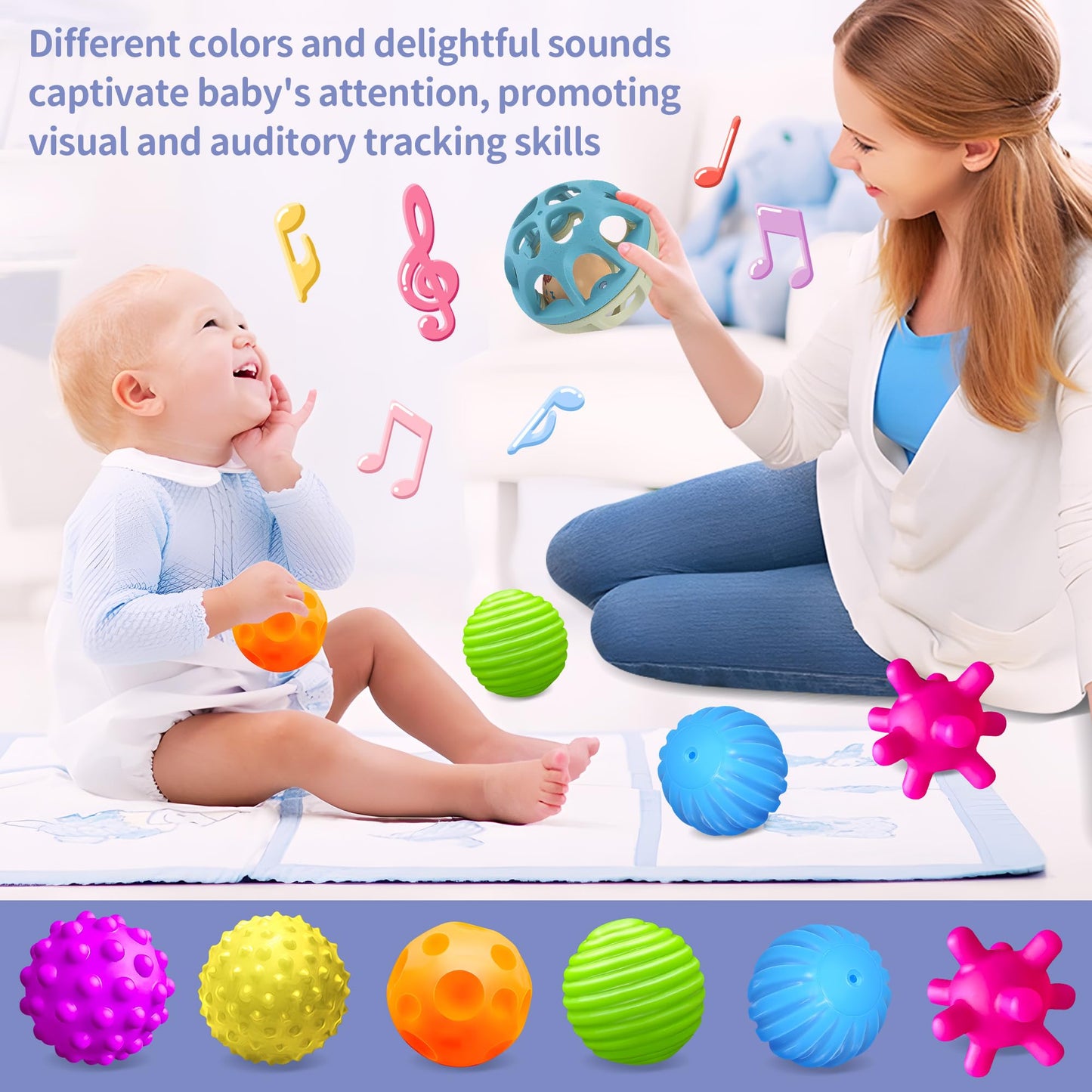 ROHSCE Sensory Toys for Babies Bundle - Textured Baby Balls & Wheat Straw Rattle + Silicone Rainbow Stacker, Montessori Nesting Blocks Soft Building Toys (7CPS), Baby 6-12 Months, Toddler Toys 1-3