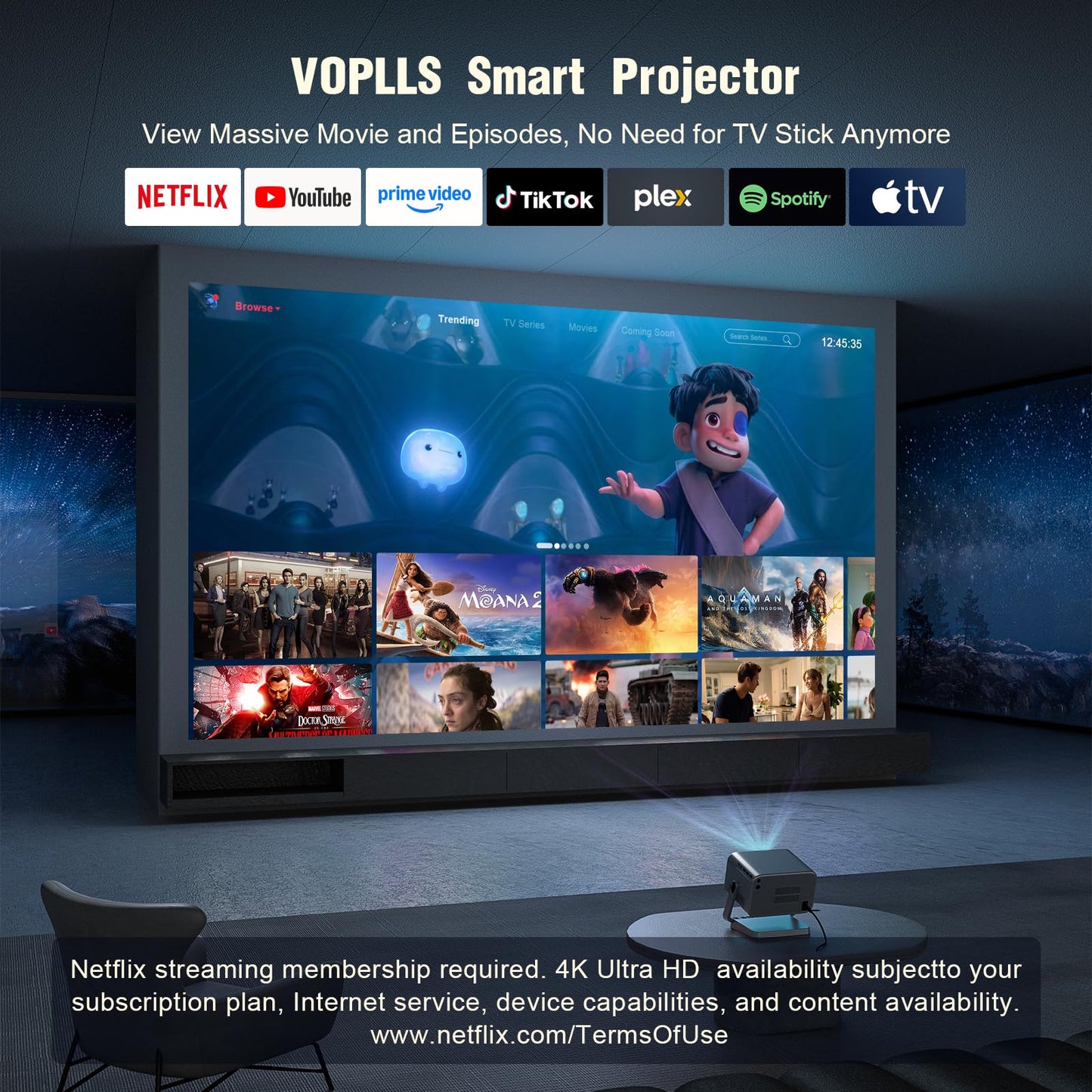 【Officially-Licensed APP & 2000 ANSI】4K Smart Projector with WiFi and Bluetooth, VOPLLS Auto Focus Portable Outdoor Projector, Movie Home Theater Proyector Adjustable Stand