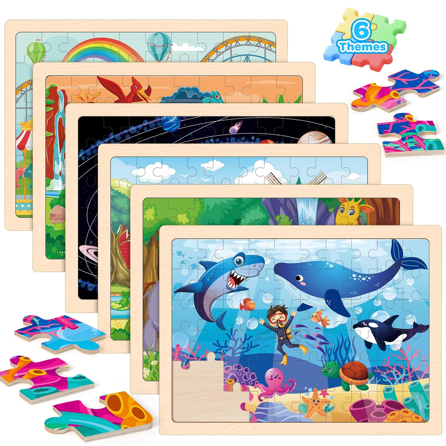 LACCHOUFEE 6 Pack Wooden Vehicle Puzzles for Kids Age 3 4 5 Year Old, 60 Pcs Montessori Toddler Animals Jigsaw Puzzles for Girl boy Activities Preschool Learning Birthday Gift Travel Autistic Toy
