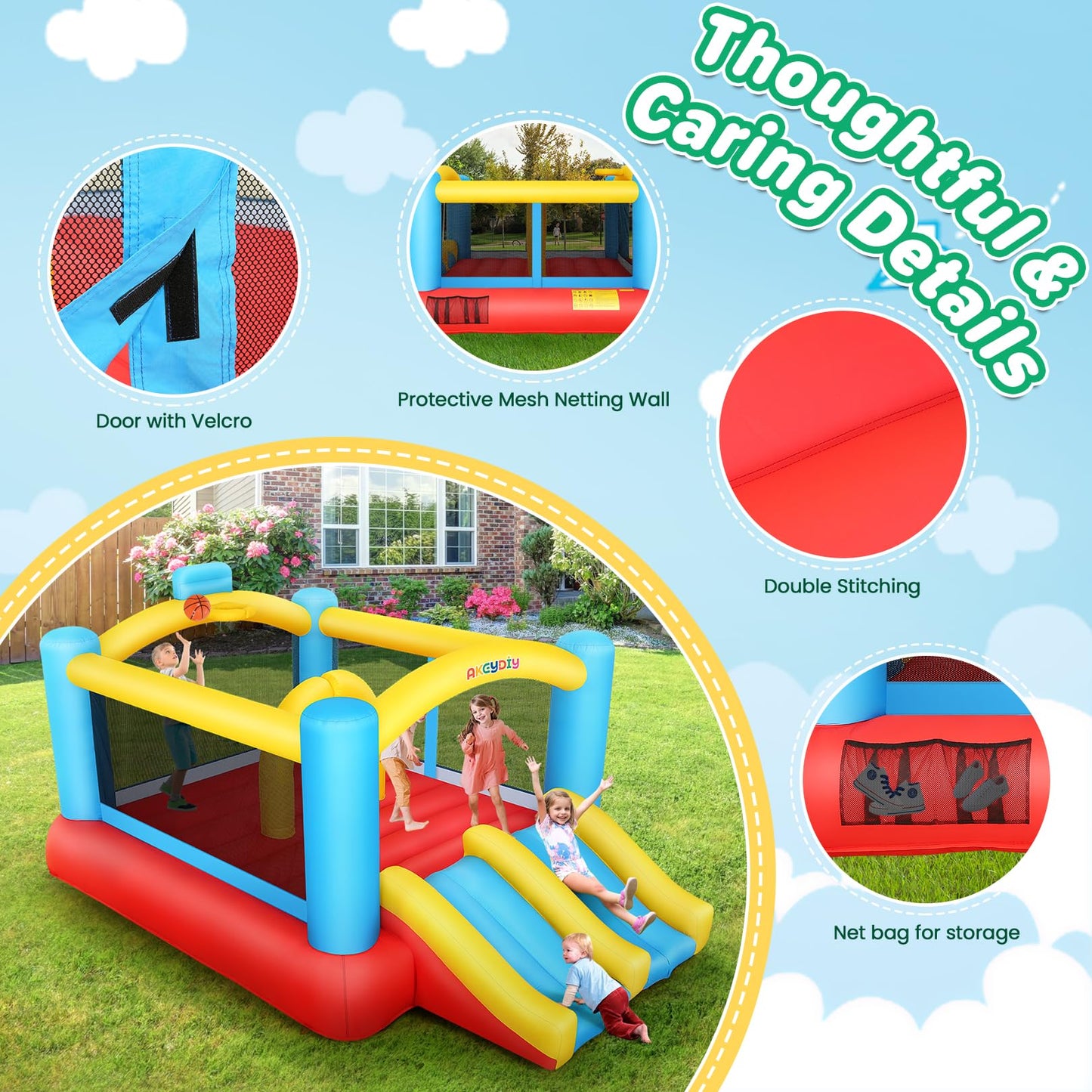 WHUBEFY Bounce House,Inflatable Bounce House for Kids with Blower Included,Indoor/Outdoor Playhouse Kids Bouncy House for Backyard,Jumping Castle with 2 Slides,Jumping Area (Inflatable Bounce House)