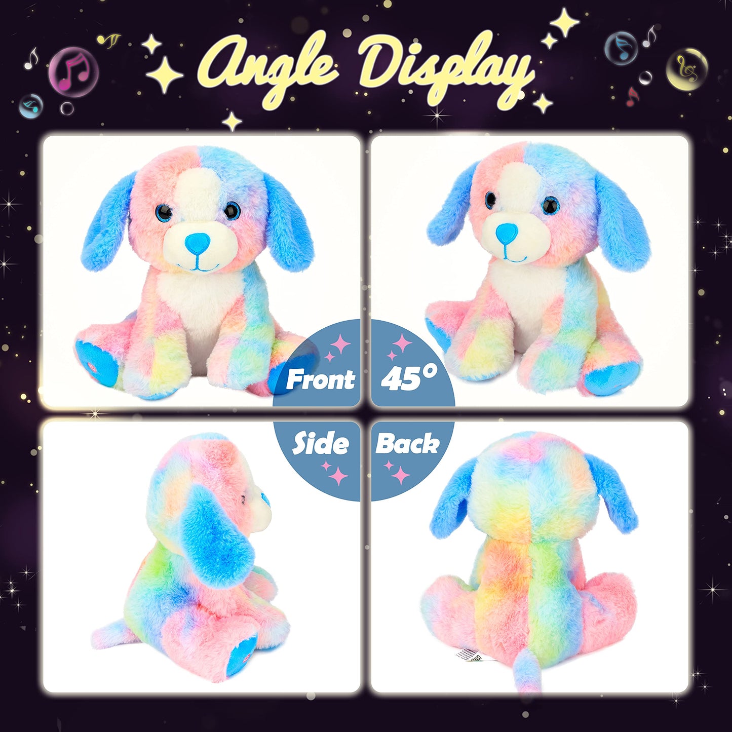 Hopearl LED Musical Stuffed Puppy Lighting Up Singing Plush Toy Adjustable Volume Lullaby Animated Soothe Birthday Festival for Kids Toddler Girls, Rainbow, 10.5''
