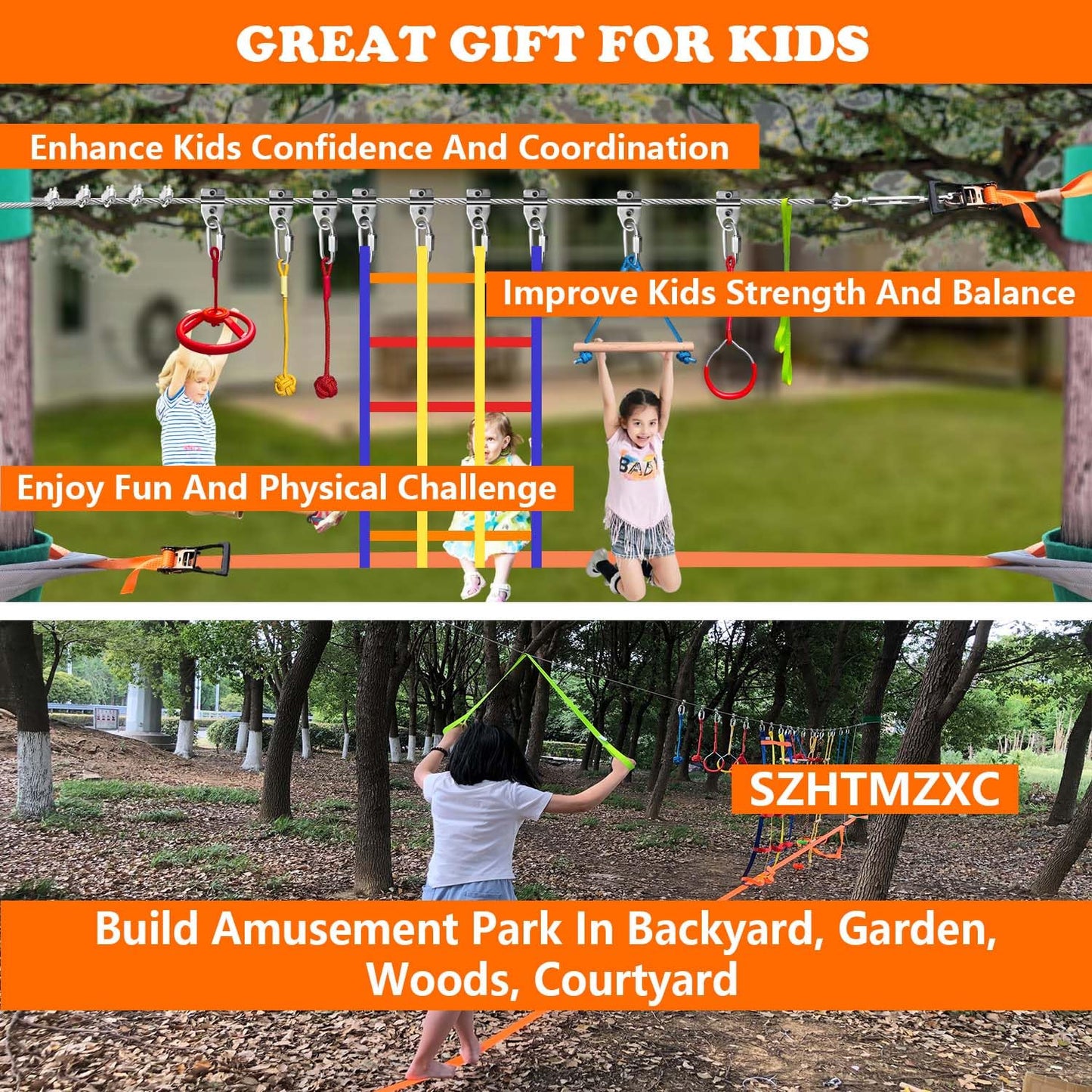 SZHTMZXC Ninja Warrior Obstacle Course for Kids Backyard Outdoor, 65ft Stainless Steel Main Cable, 65ft Bottom Slackline, Weatherproof, 14 Pcs Training Accessories, Climbing Net, Swing, Ladder