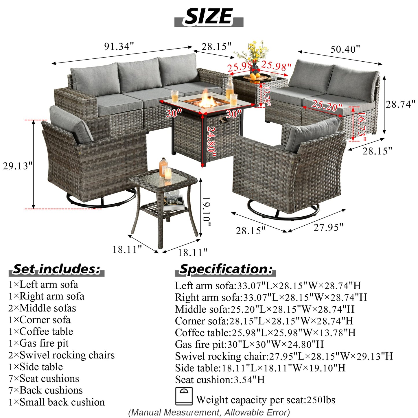 HOOOWOOO Outdoor Patio Sectional Furniture Sofa Set with Fire Pit Table,10 Piece Modern Wicker Couch with Swivel Chairs,Modular Conversation Seating Set with Widened Armrest for Garden(Dark Grey)