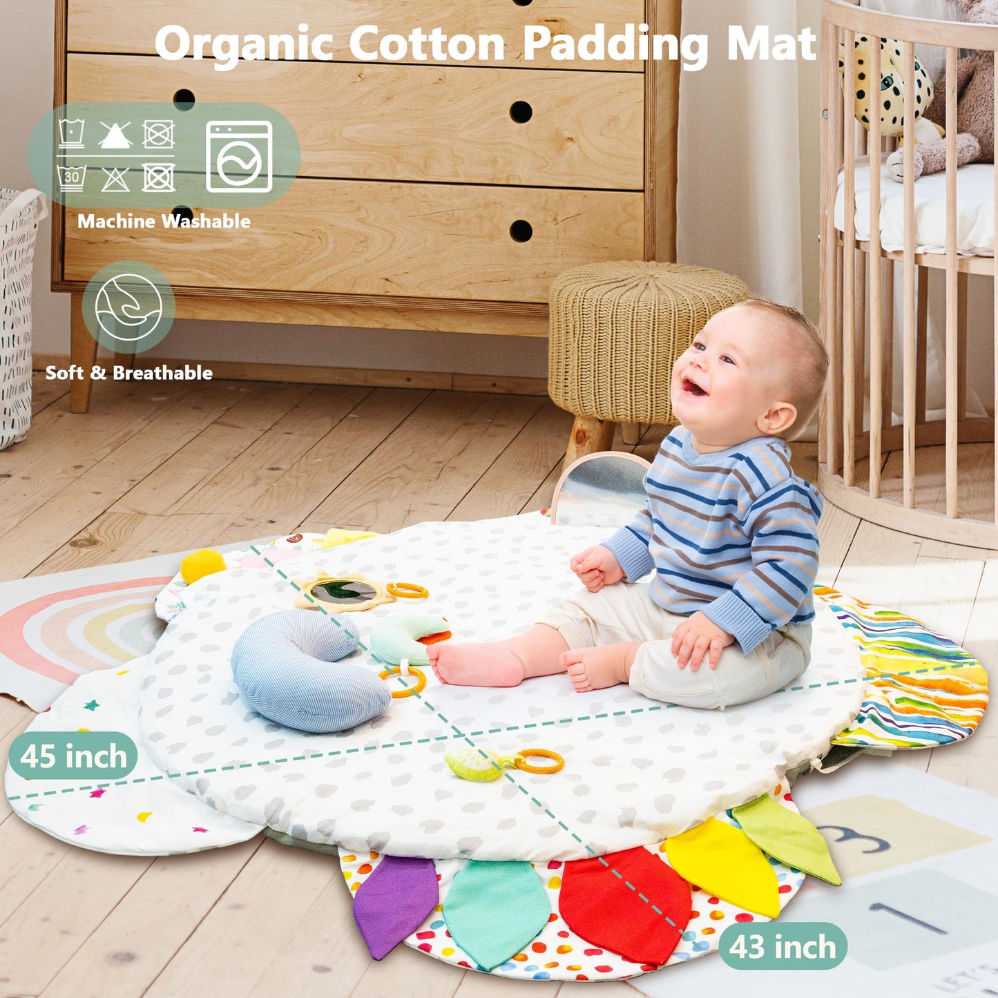 Wooden Baby Activity Gym with Detachable Sensory Toys | Montessori Developmental Play Gym for Infants | Wooden Frame Baby Toy | Foldable Baby Gym