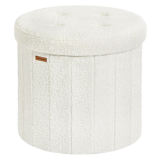 SONGMICS Mazie Collection - Round Storage Ottoman, Folding Footrest Stool with Removable Lid, Easy Assembly, Teddy Fleece Vanity Stool for Bedroom, Living Room, Entryway, Cream White ULSF606W01