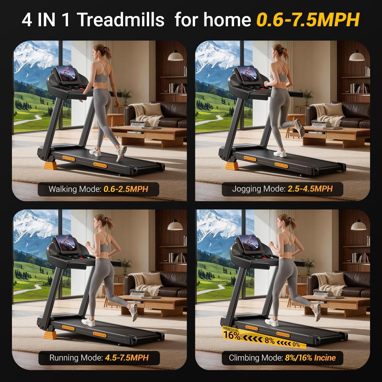 16% Incline Treadmill with Handle, 4-in-1 Foldable Treadmill with Triple-Screen Console, 3.0HP Quiet Brushless Treadmills for Home and Office Use, 400 LBS Capacity