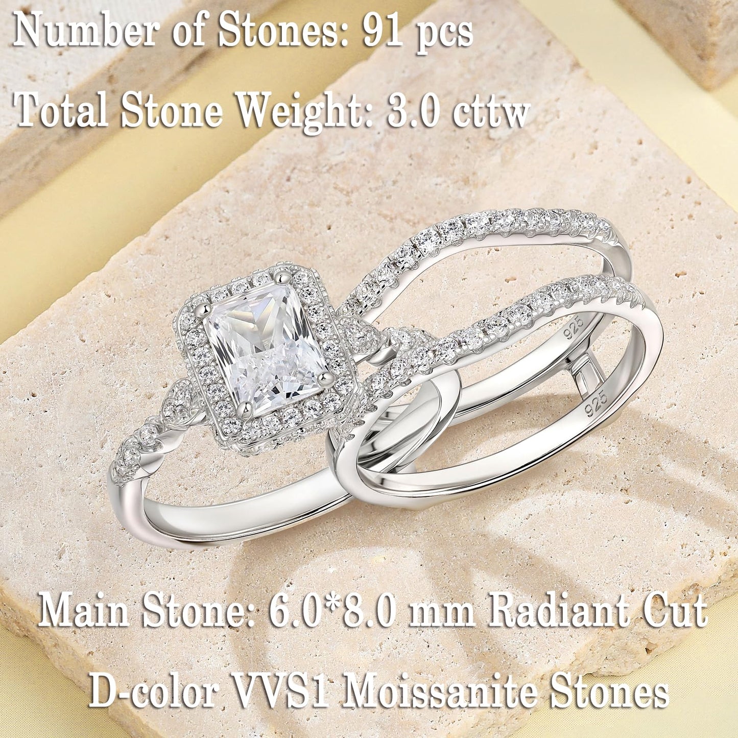 Newshe Jewellery Moissanite Wedding Sets for Women 925 Sterling Silver Engagement Rings Set Radiant Bridal Band Enhancer Size 5.5