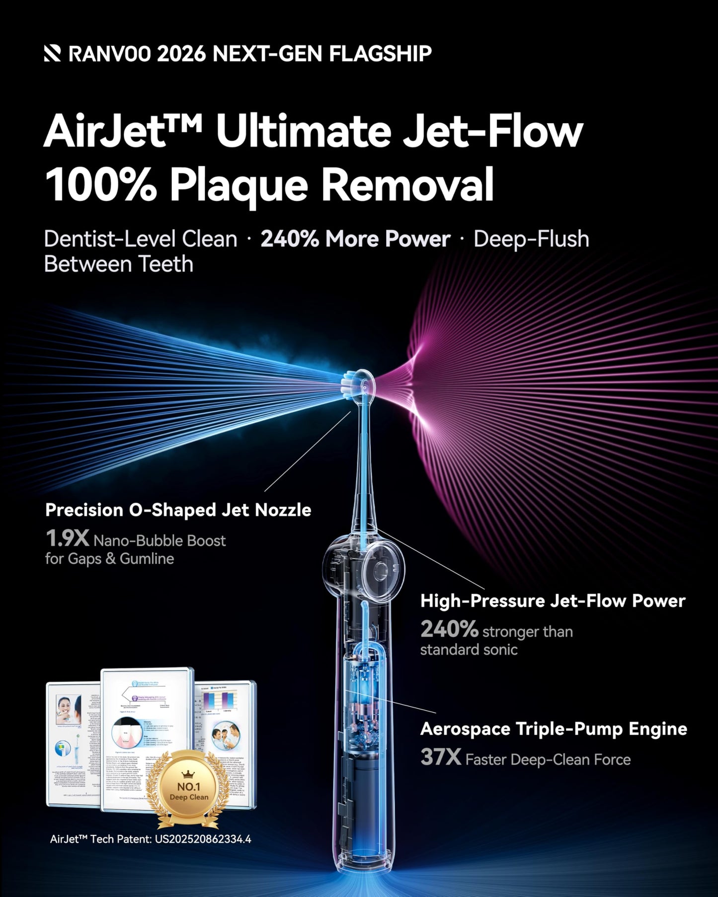 RANVOO AirJet X5 [Next-Gen Jet-Flow | Maximum Clean Power] Sonic Electric Toothbrush, 100% Plaque Removal, Whitening & Gum Care, 60-Day Battery Life, Rechargeable with 3 Pro Brush Heads, Space Gray