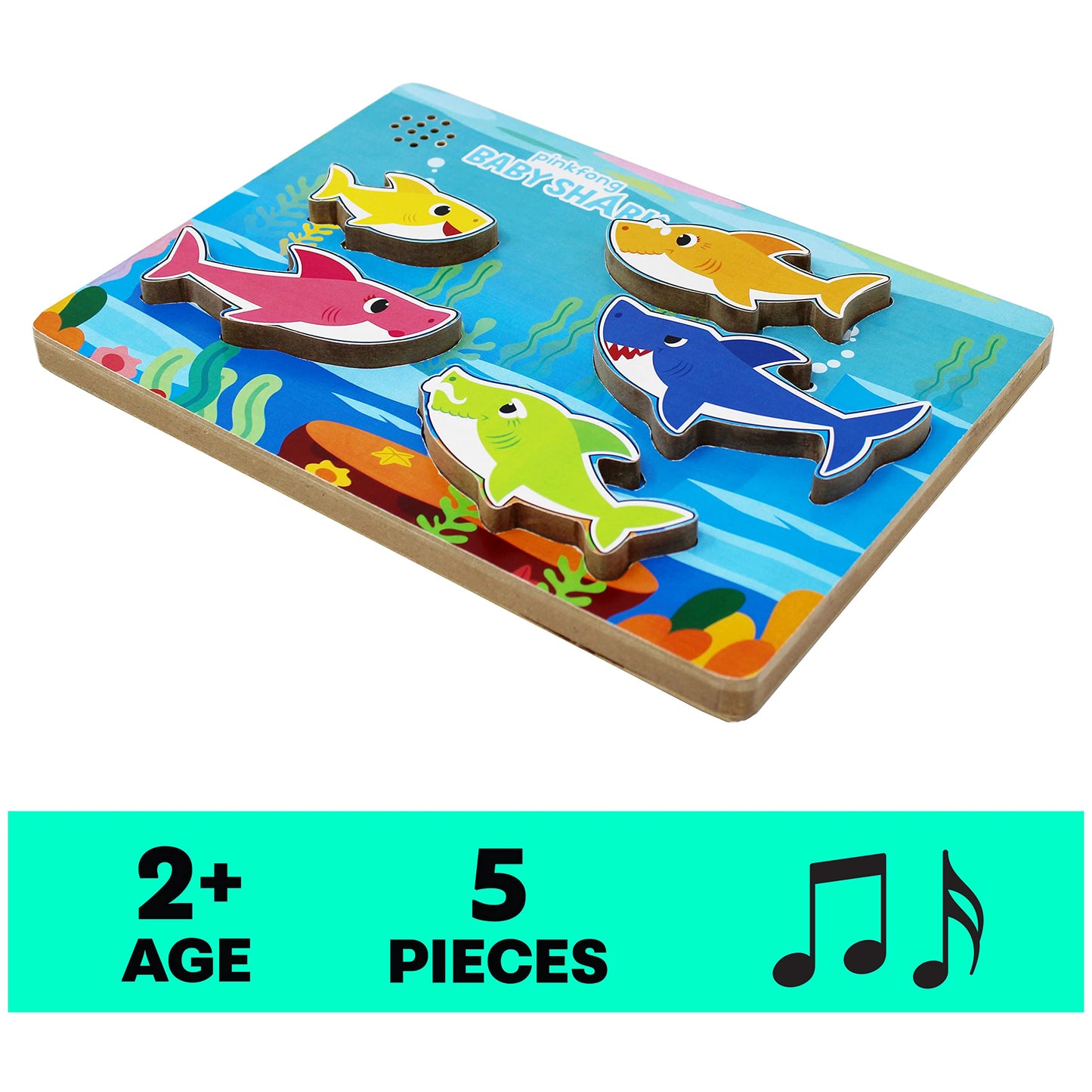 Spin Master Games, Pinkfong Baby Shark Musical Wooden Sound Puzzle, Plays Viral Song, 5 Pieces, Toddler Toys, for Ages 2 & Up