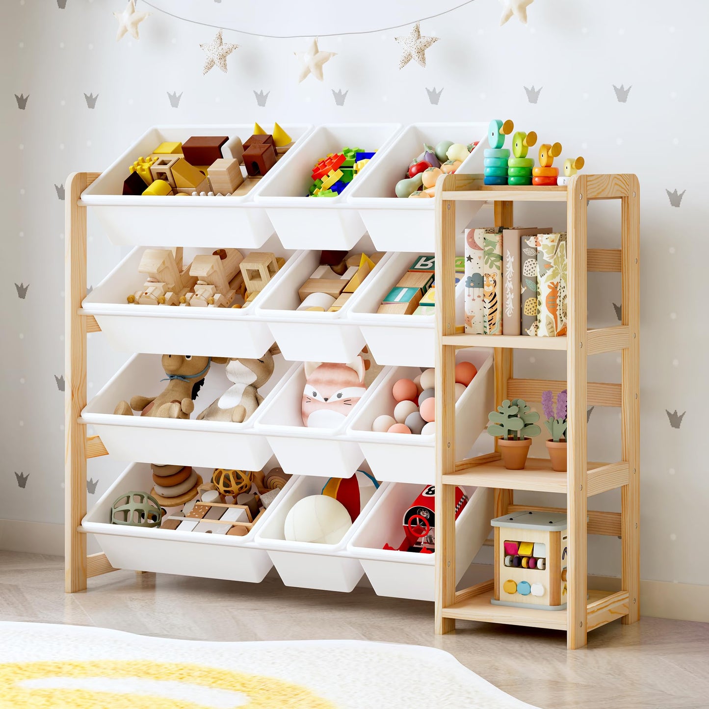 MallBest Kids Toy Storage Organizer with Bookshelf – Wooden Toy Bin Organizer with 12 Storage Bins & 3-Tier Shelf, Toy Shelf for Toddlers, Nursery, Playroom, Bedroom(Natural)
