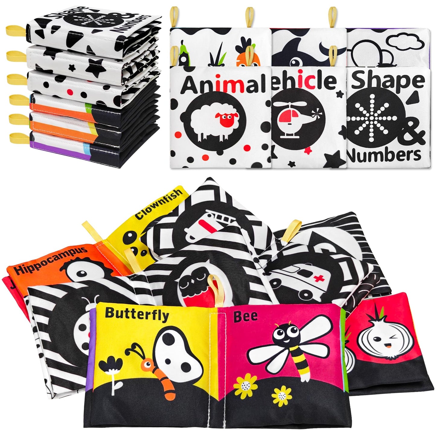 6 PCS High Contrast Black and White Crinkle Cloth Books for Infants 0-3 3-6 Months, Tummy Time Soft Book,Montessori Sensory Toys for Brain Development, Baby Educational Toys Gift for Boys Girls