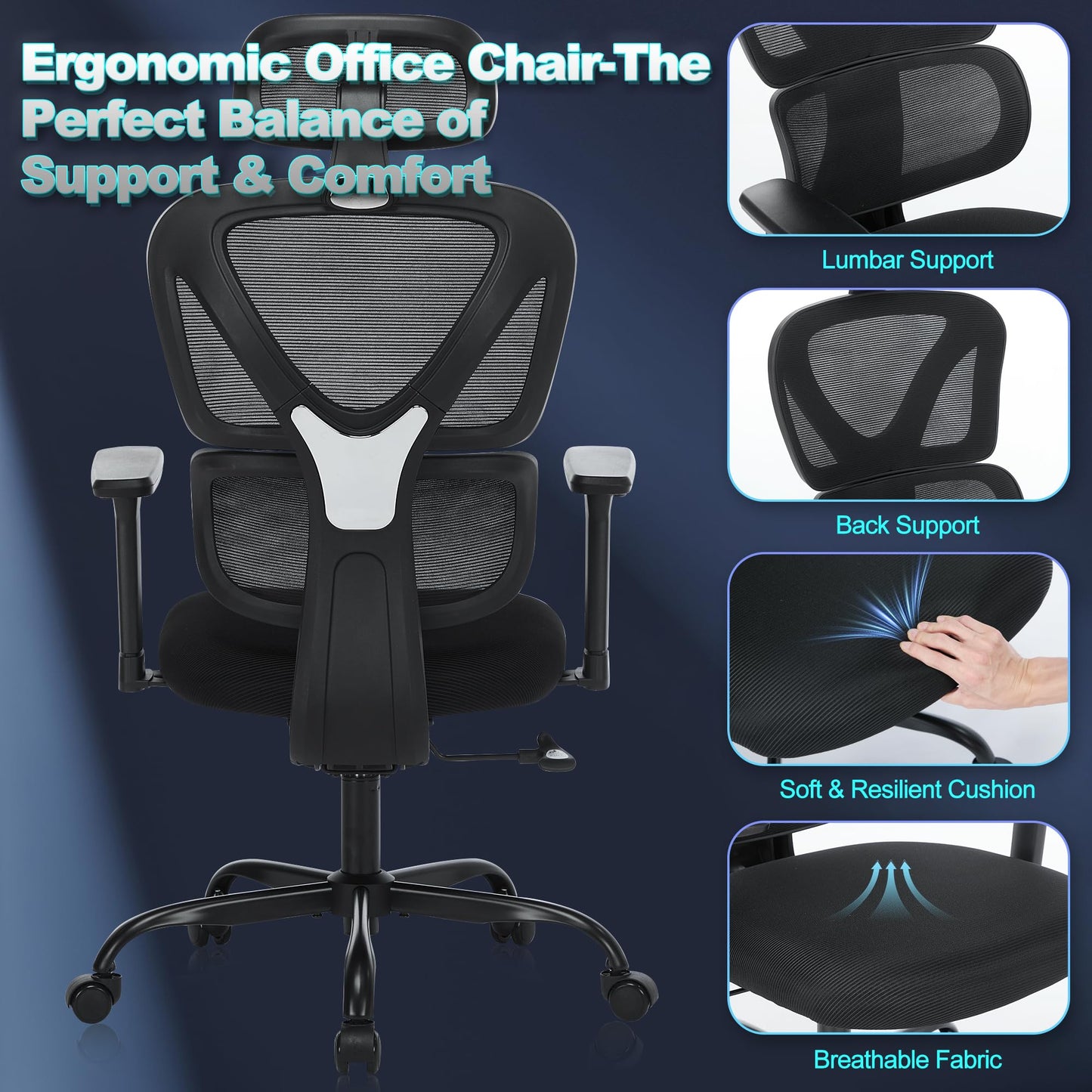 MALOL Ergonomic Office Chair with Adjustable Headrest & 3D Armrests, High Back Mesh Desk Chair with Lumbar Support, Reclining Lock 97°-125°, Swivel Computer Task Chair for Home Office, 300 LBS